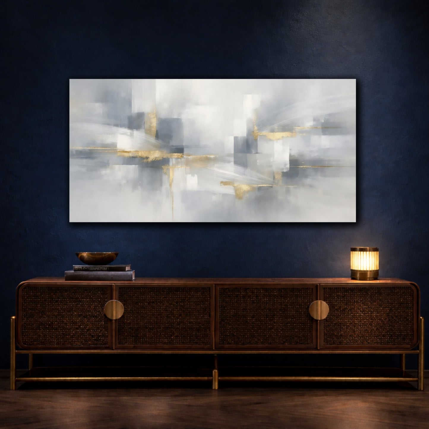 Mockup 4. Abstract Abstract Shapes Gray Gold Abstract shown as stretched canvas wall art