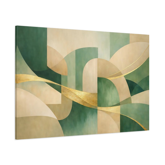 Main Mockup. Abstract Abstract Shapes Green And Gold Abstract shown as stretched canvas wall art