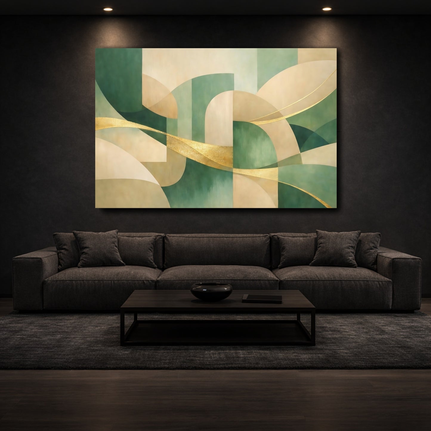 Mockup 2. Abstract Abstract Shapes Green And Gold Abstract shown as stretched canvas wall art