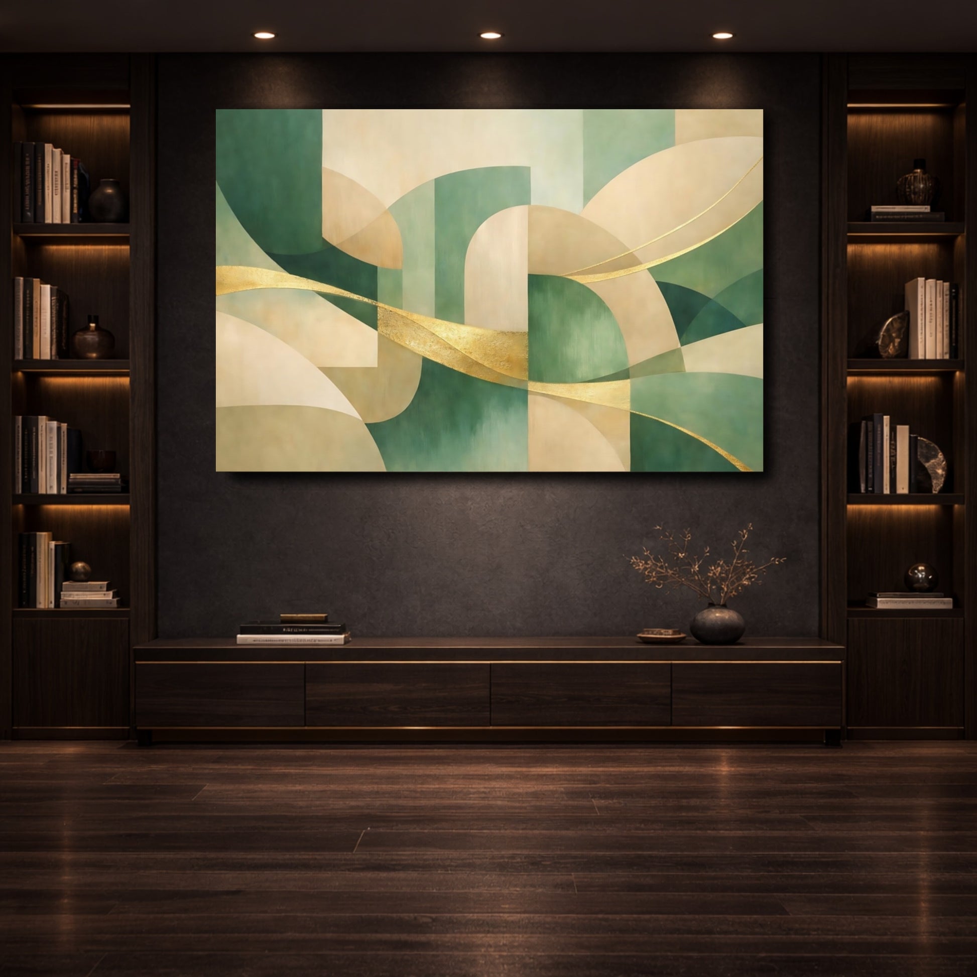 Mockup 3. Abstract Abstract Shapes Green And Gold Abstract shown as stretched canvas wall art