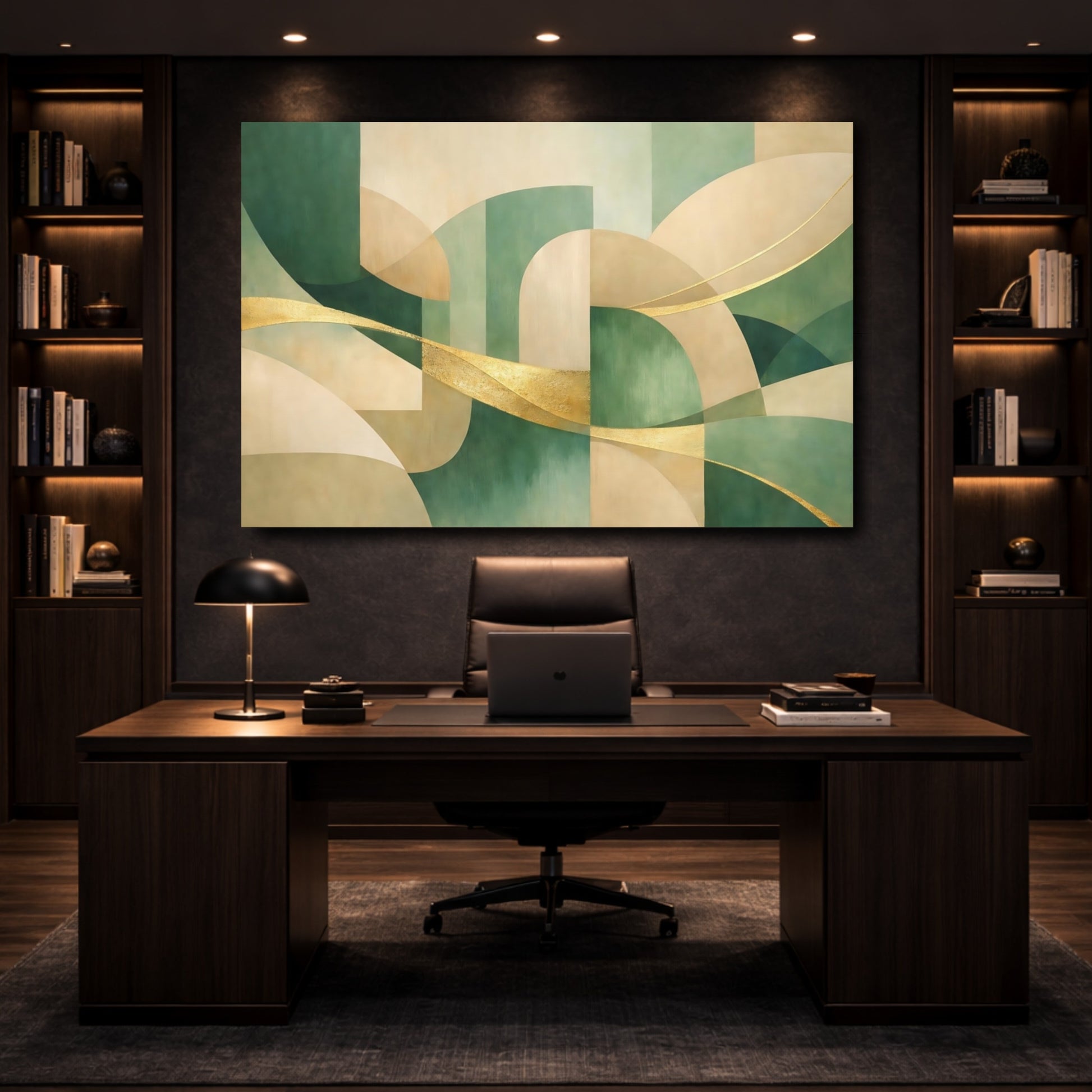 Mockup 4. Abstract Abstract Shapes Green And Gold Abstract shown as stretched canvas wall art
