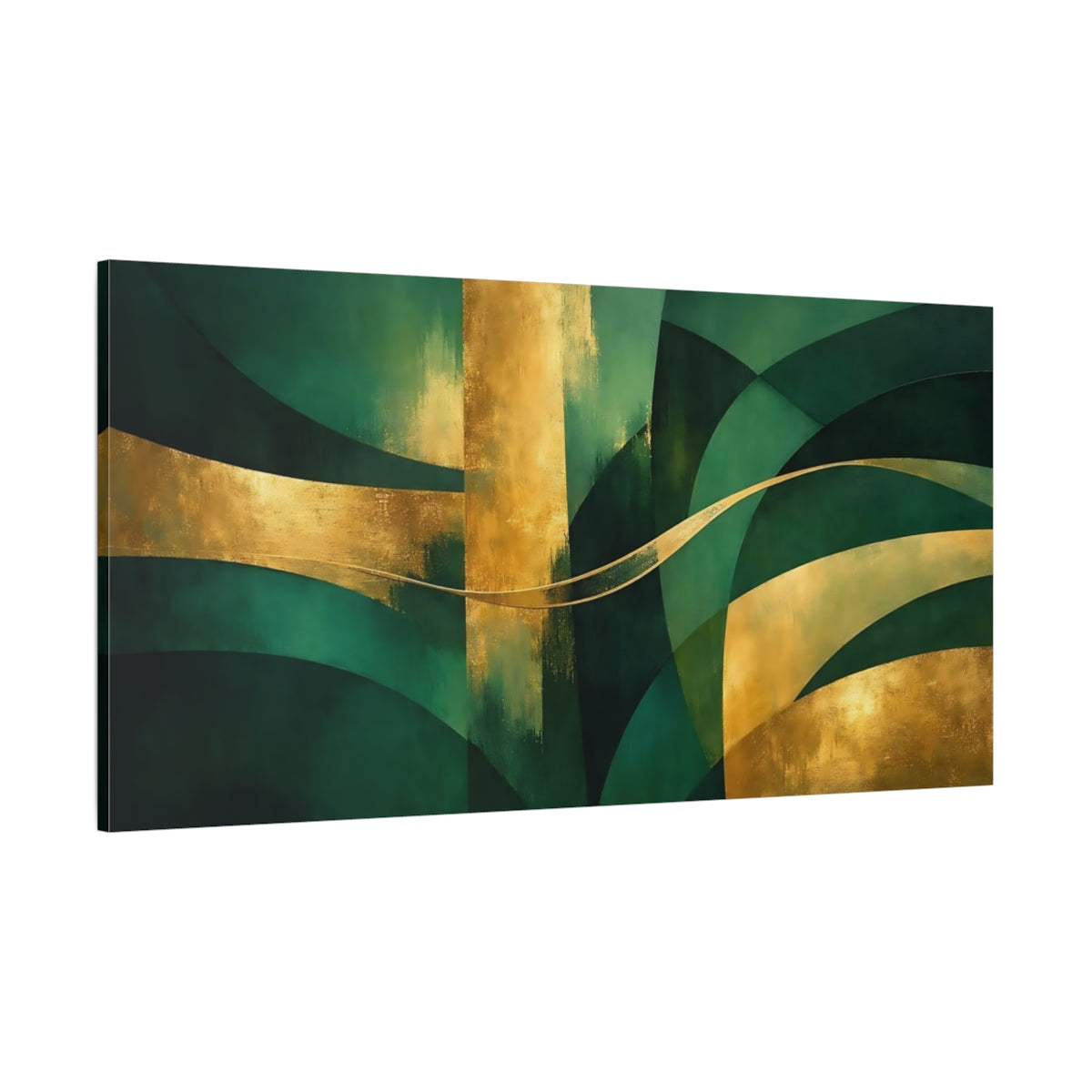 Main Mockup. Abstract Abstract Shapes Green And Gold shown as stretched canvas wall art