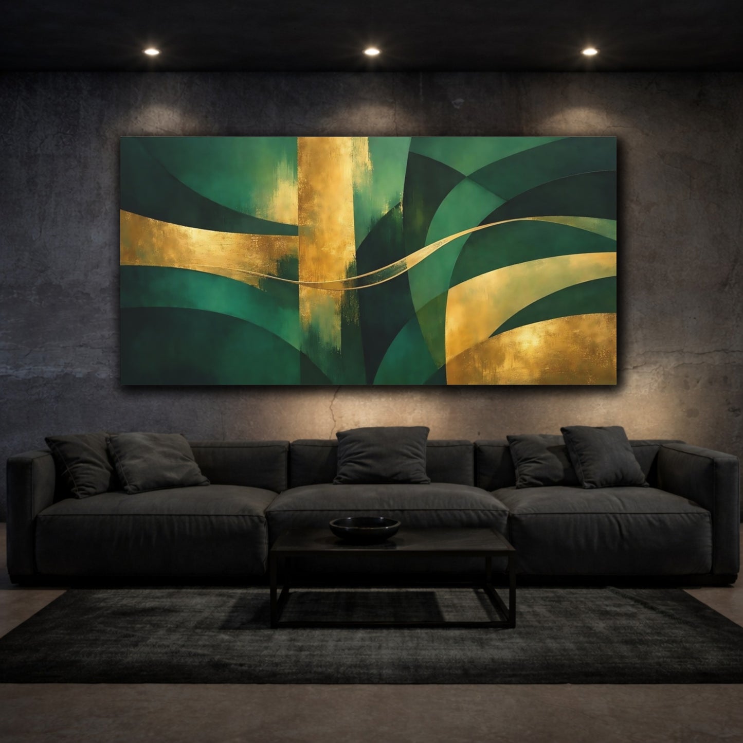 Mockup 2. Abstract Abstract Shapes Green And Gold shown as stretched canvas wall art