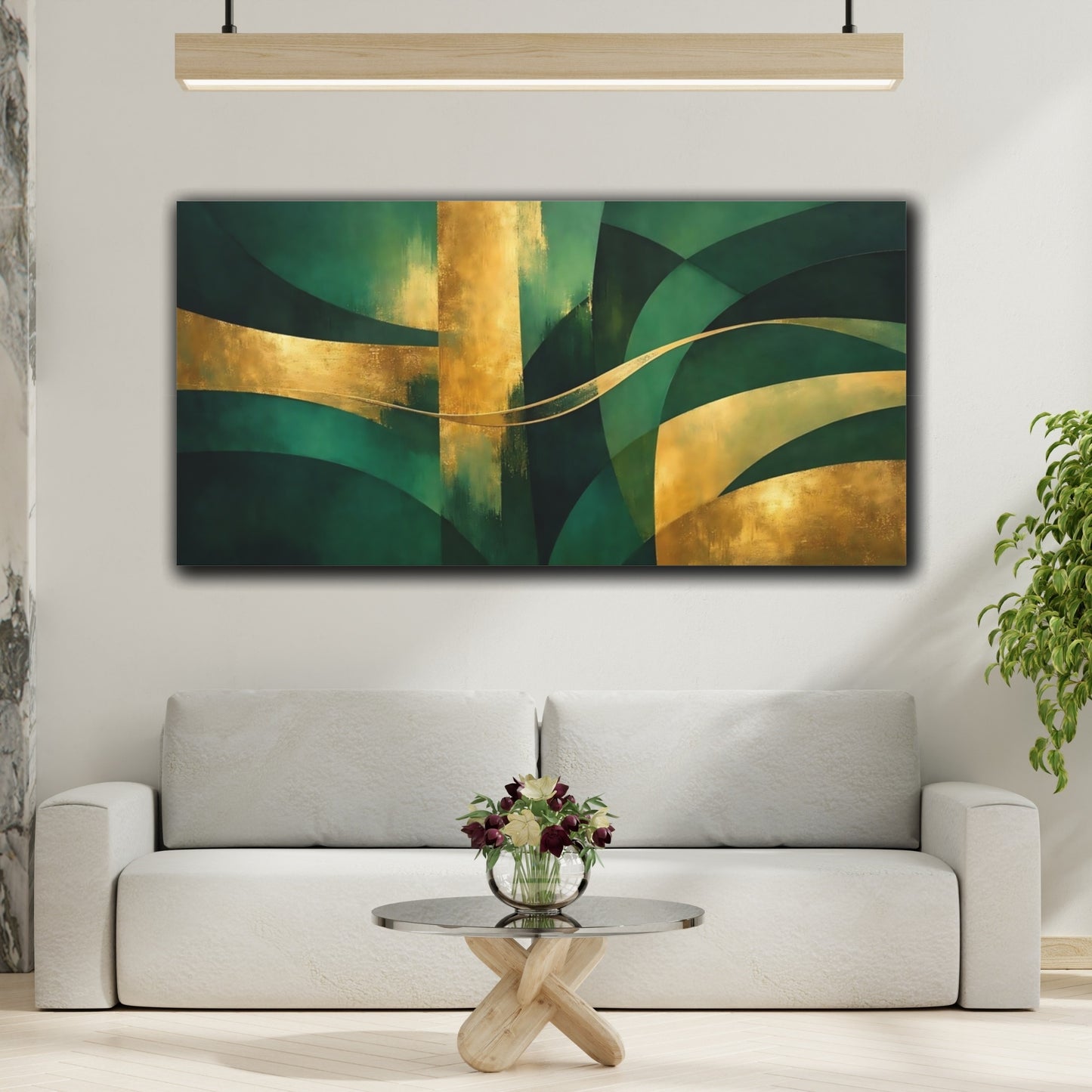 Mockup 3. Abstract Abstract Shapes Green And Gold shown as stretched canvas wall art