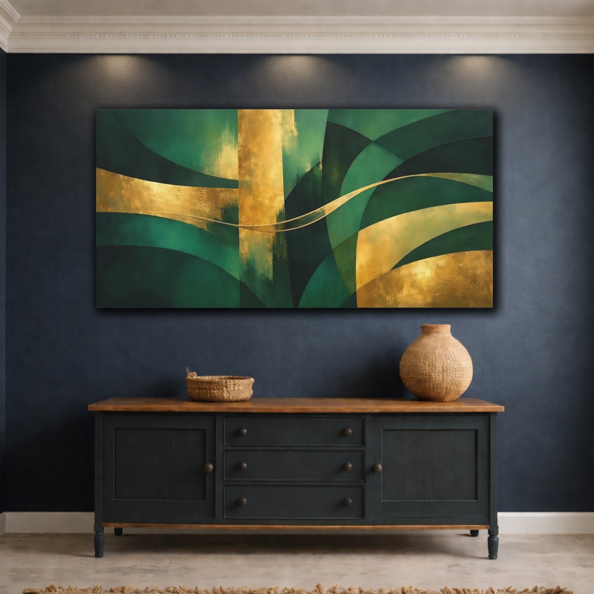 Mockup 4. Abstract Abstract Shapes Green And Gold shown as stretched canvas wall art