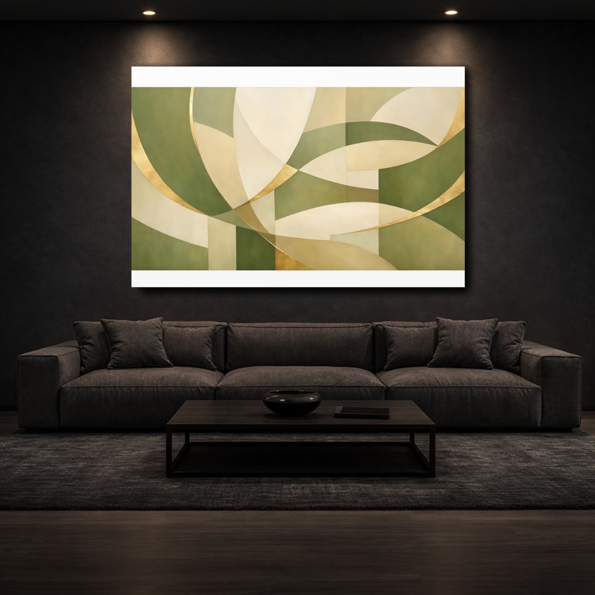 Mockup 2. Abstract Abstract Shapes Green Gold Abstract shown as stretched canvas wall art