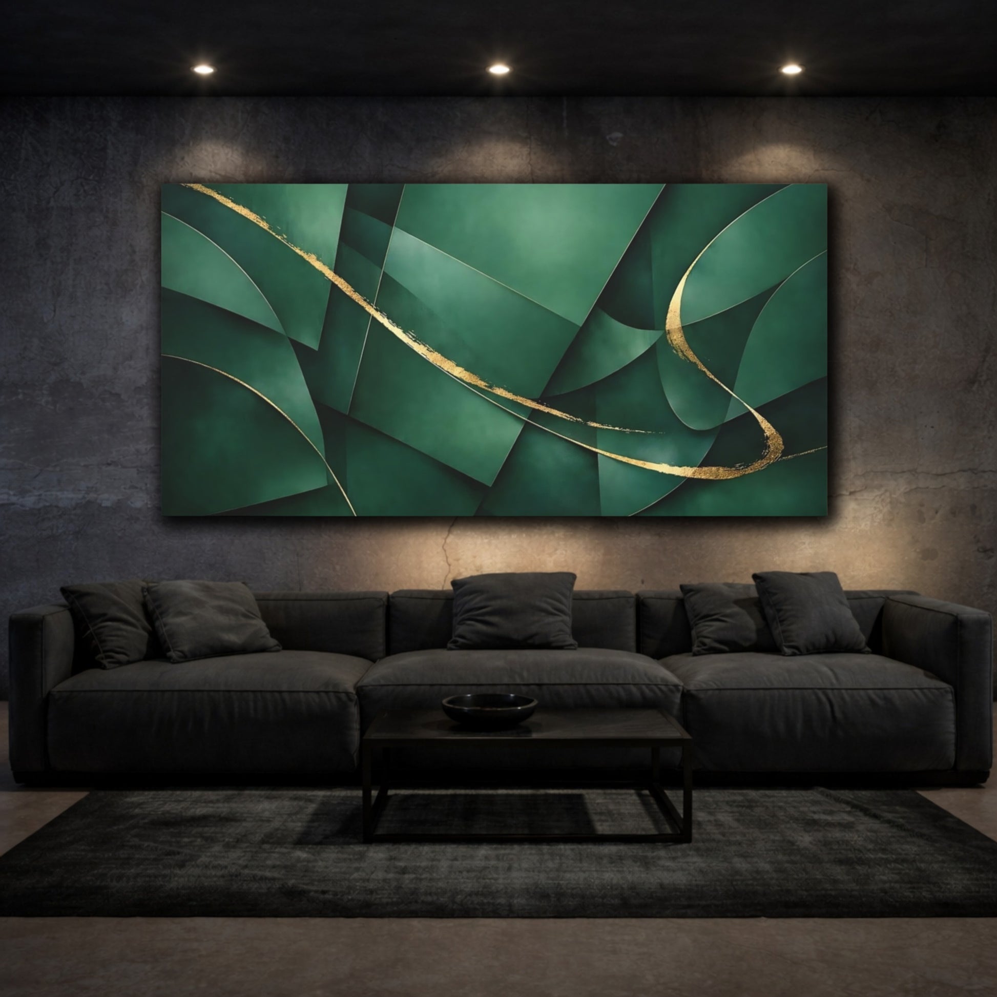 Mockup 2. Abstract Abstract Shapes Green Gold Abstract shown as stretched canvas wall art
