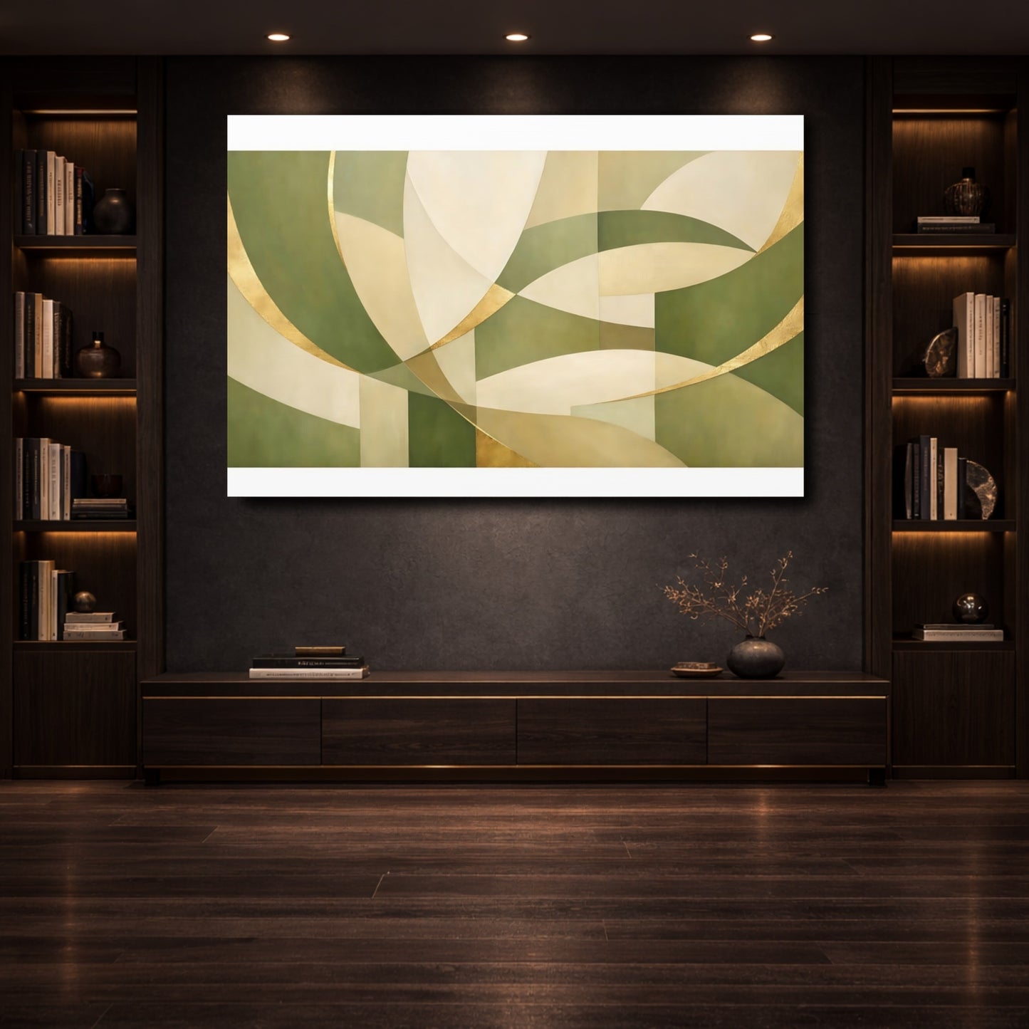 Mockup 3. Abstract Abstract Shapes Green Gold Abstract shown as stretched canvas wall art