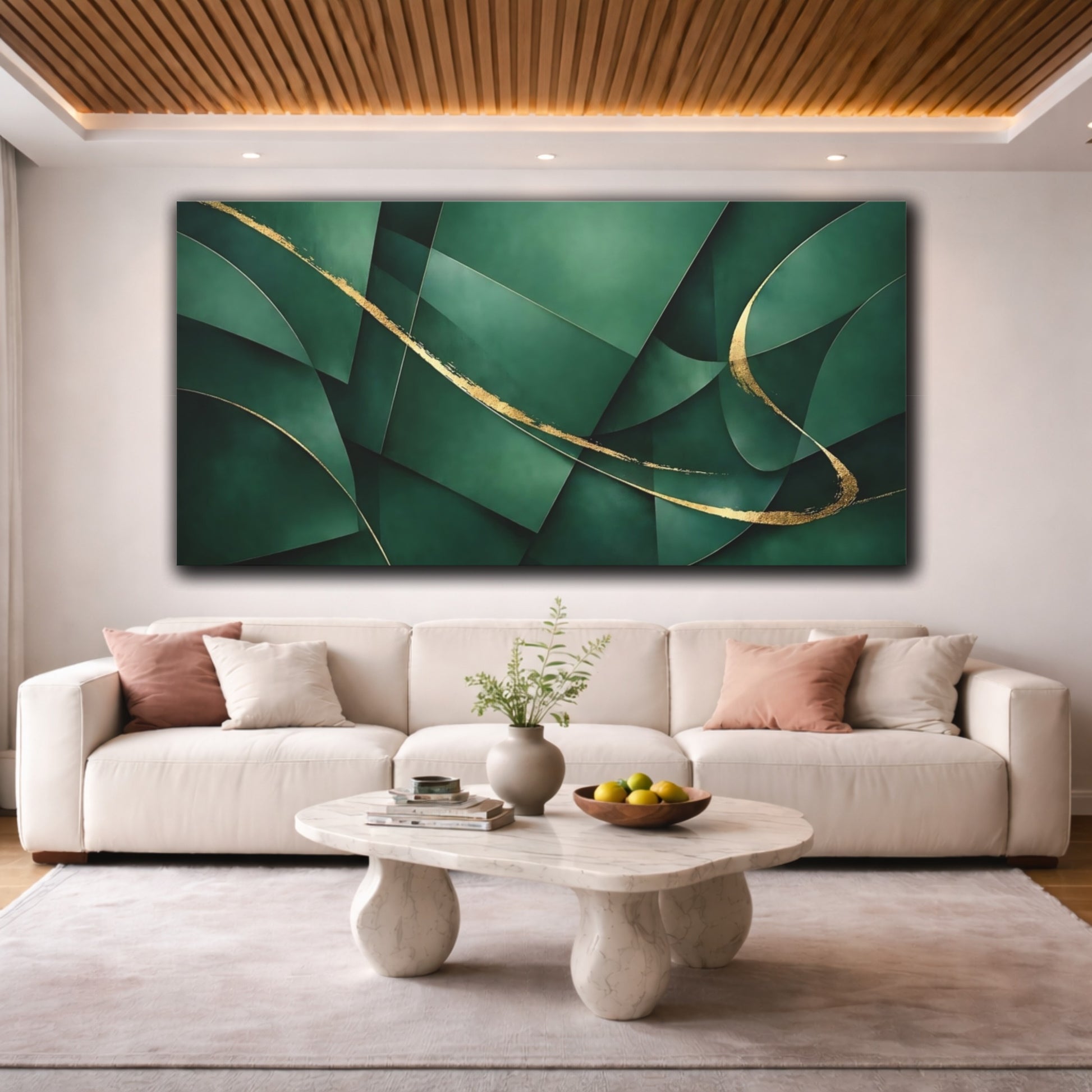 Mockup 3. Abstract Abstract Shapes Green Gold Abstract shown as stretched canvas wall art
