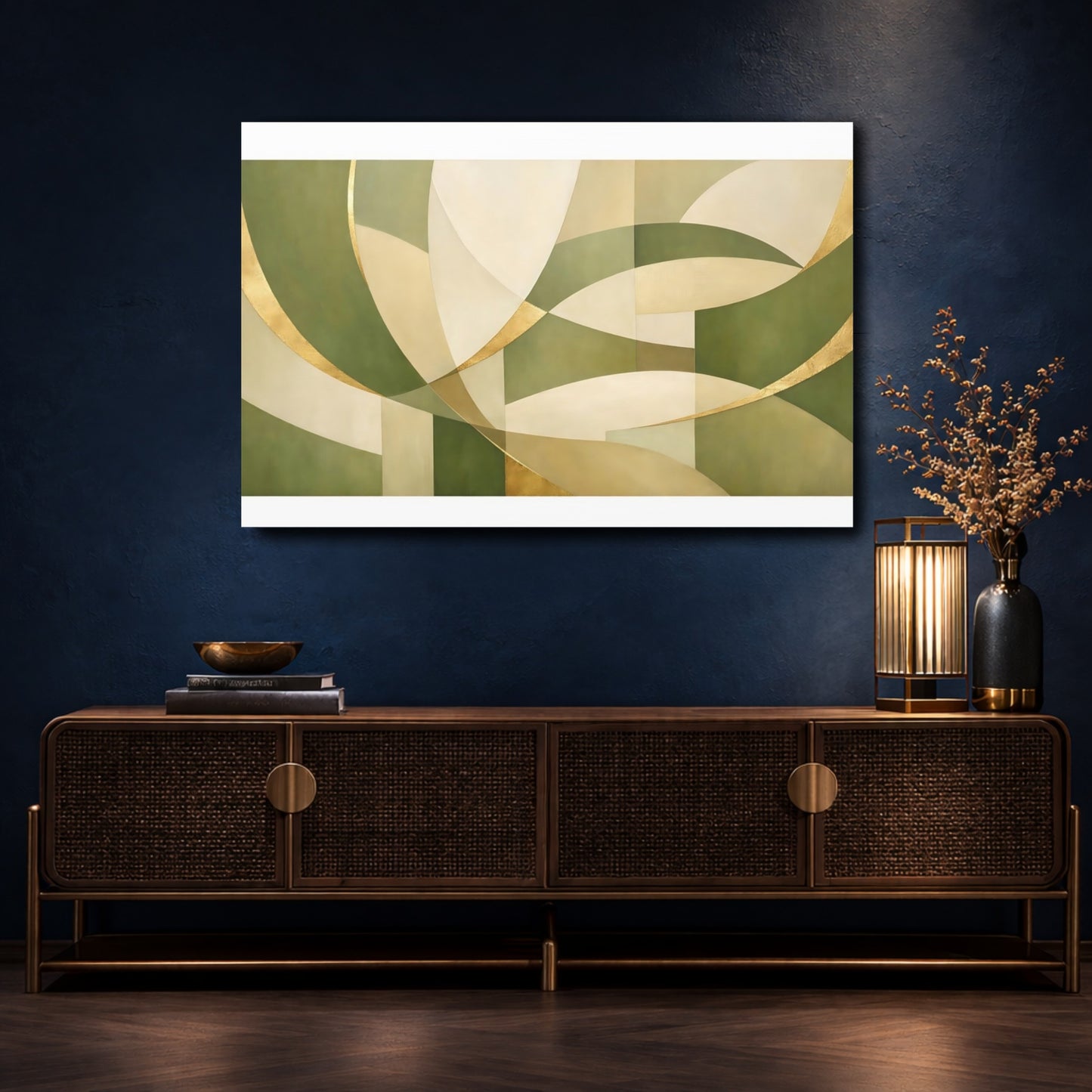 Mockup 4. Abstract Abstract Shapes Green Gold Abstract shown as stretched canvas wall art