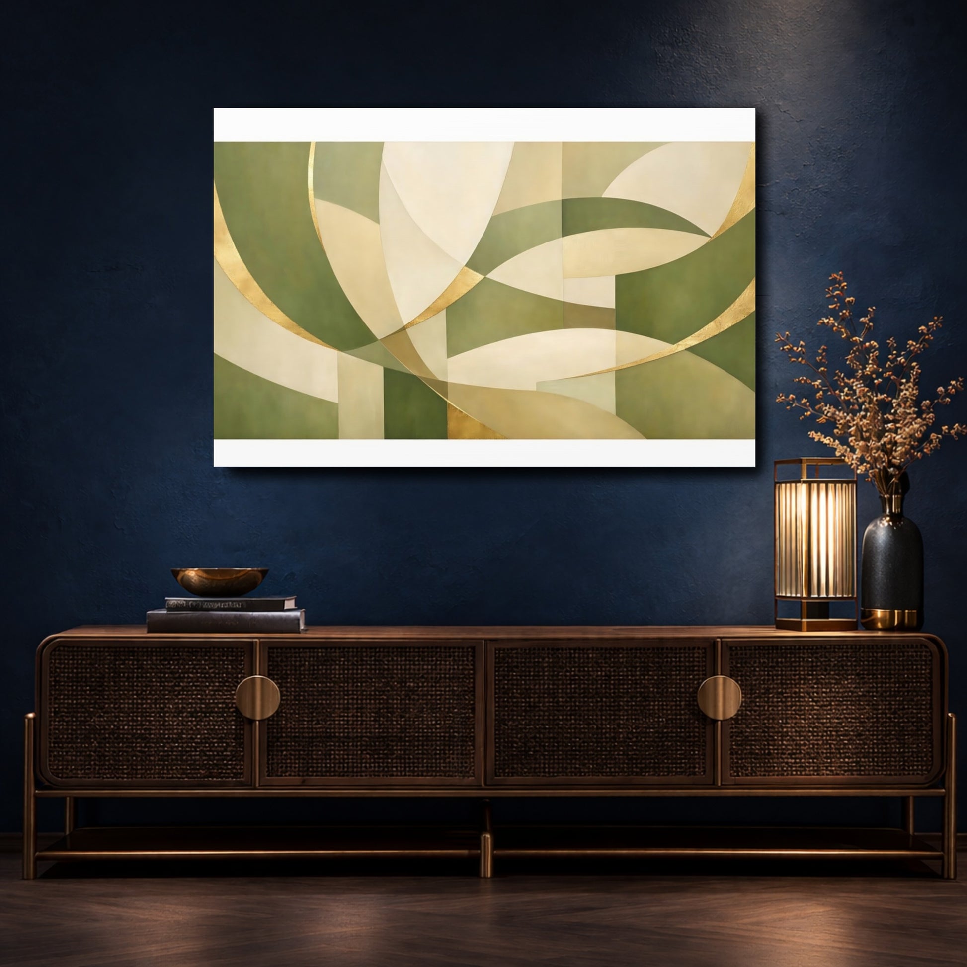 Mockup 4. Abstract Abstract Shapes Green Gold Abstract shown as stretched canvas wall art