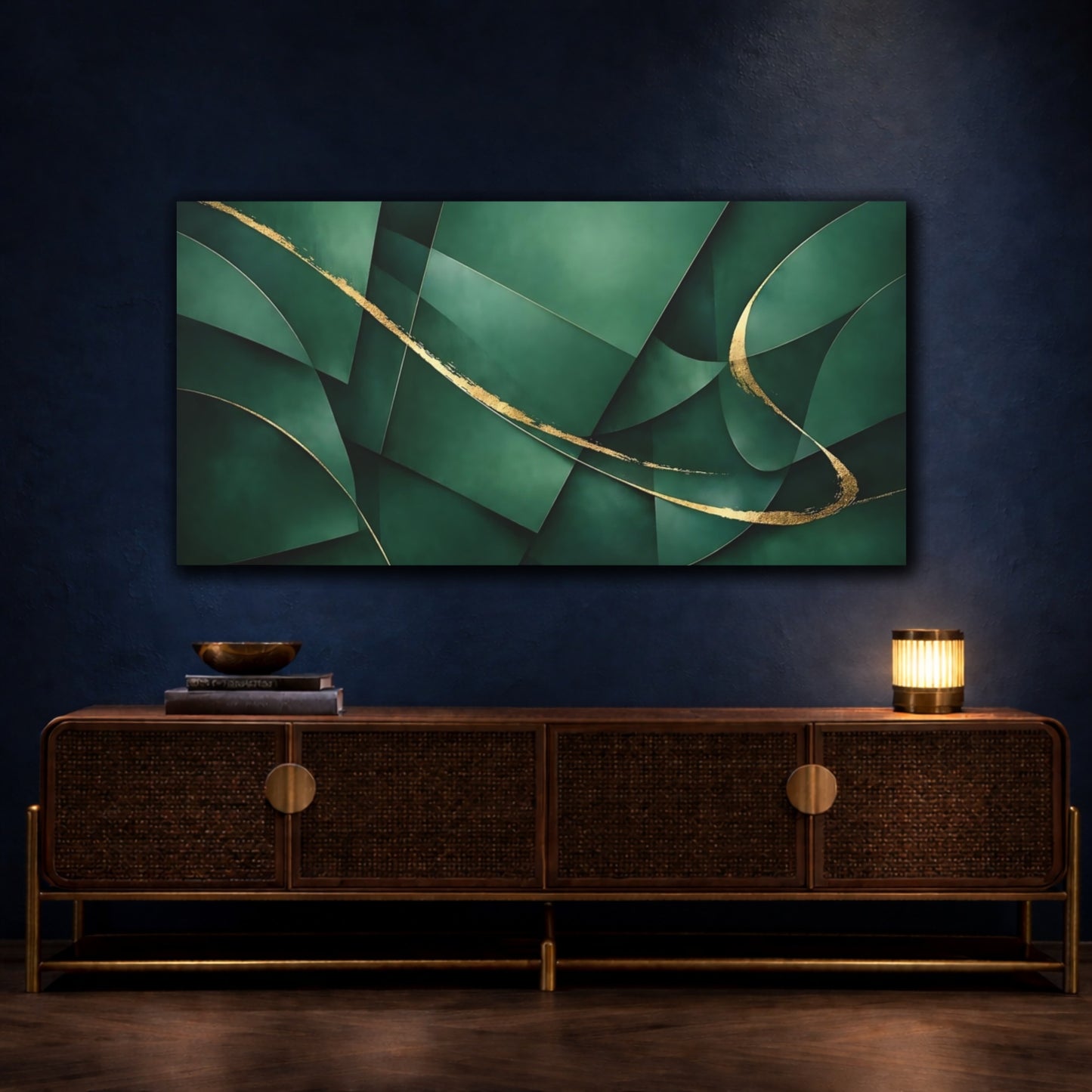 Mockup 4. Abstract Abstract Shapes Green Gold Abstract shown as stretched canvas wall art