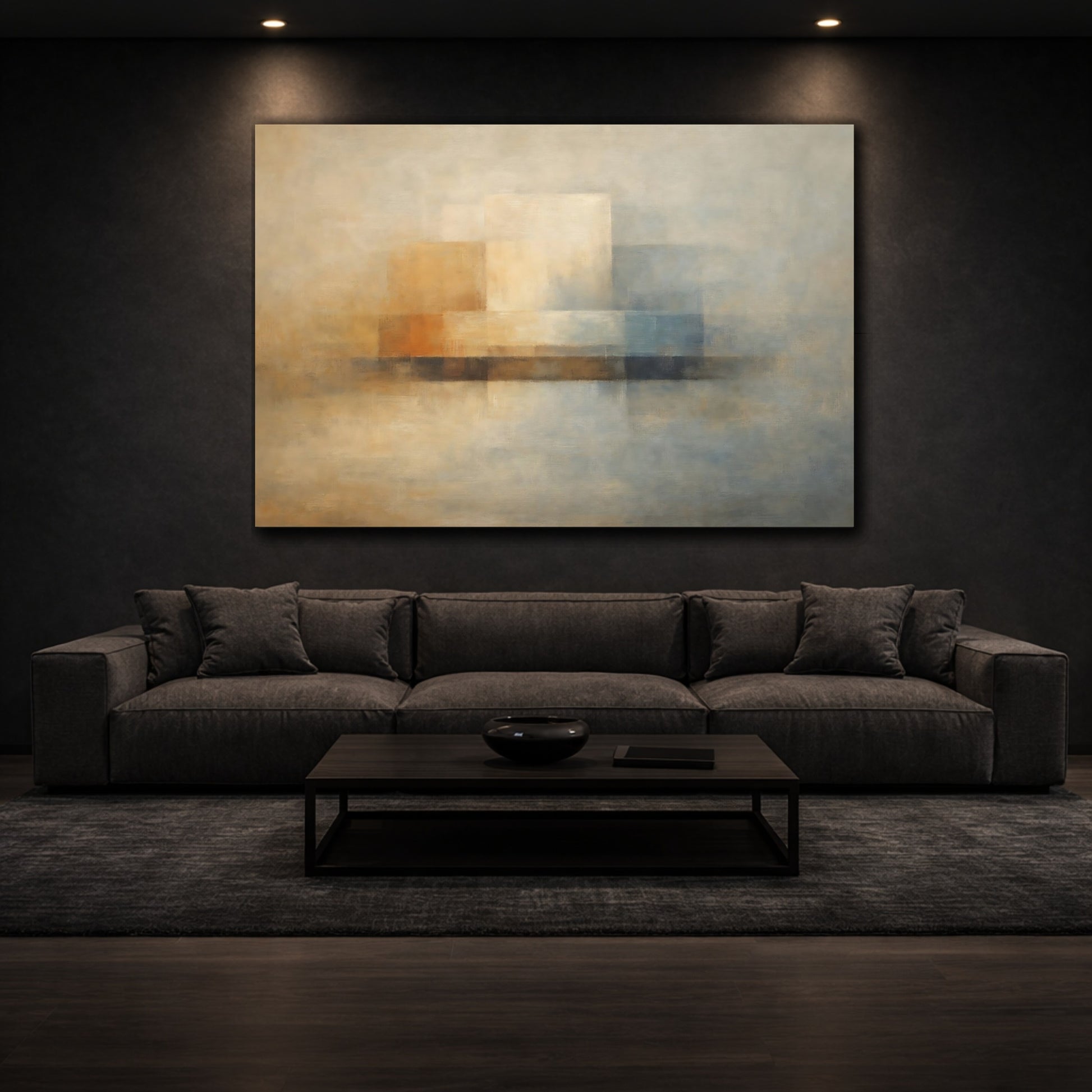 Mockup 2. Abstract Abstract Shapes Muted Beige Blue shown as stretched canvas wall art