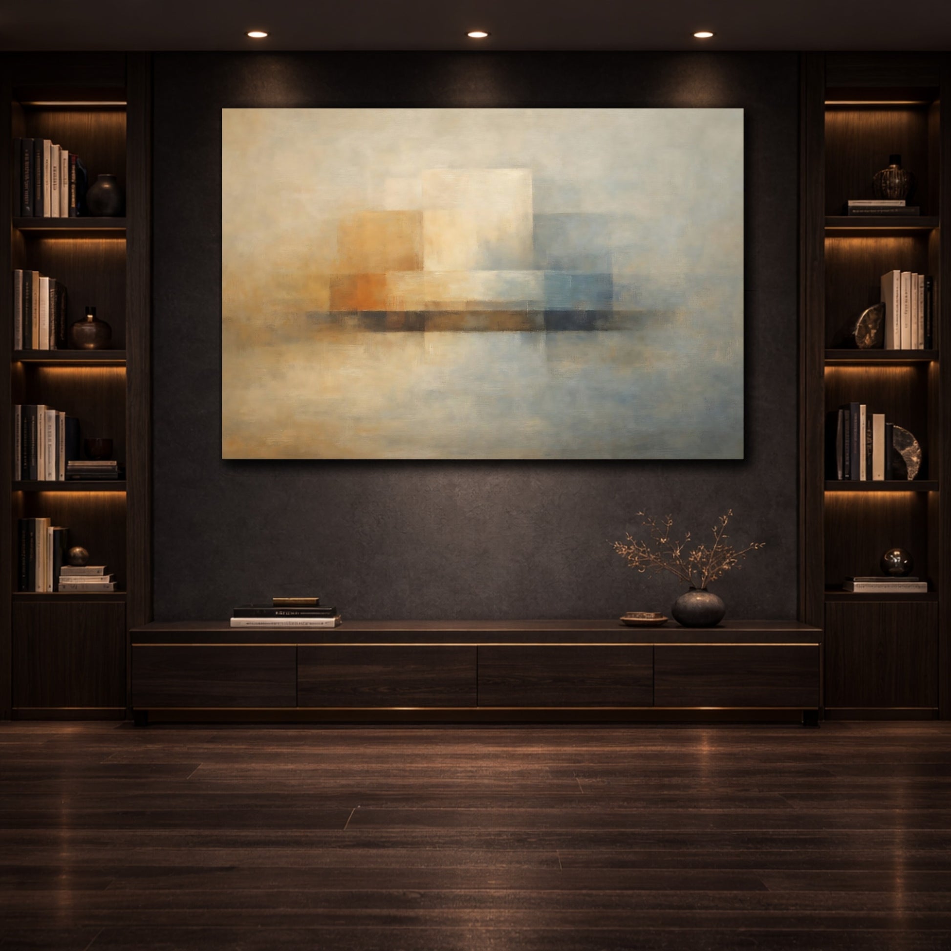 Mockup 3. Abstract Abstract Shapes Muted Beige Blue shown as stretched canvas wall art