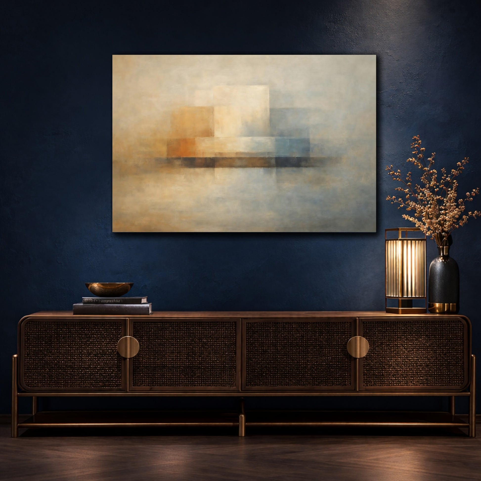 Mockup 4. Abstract Abstract Shapes Muted Beige Blue shown as stretched canvas wall art
