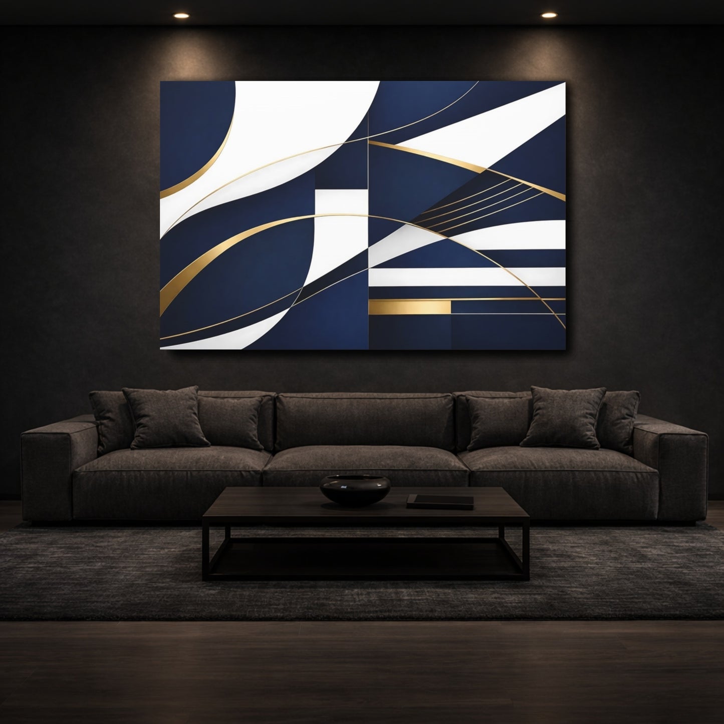 Mockup 2. Abstract Abstract Shapes Navy Blue Gold shown as stretched canvas wall art