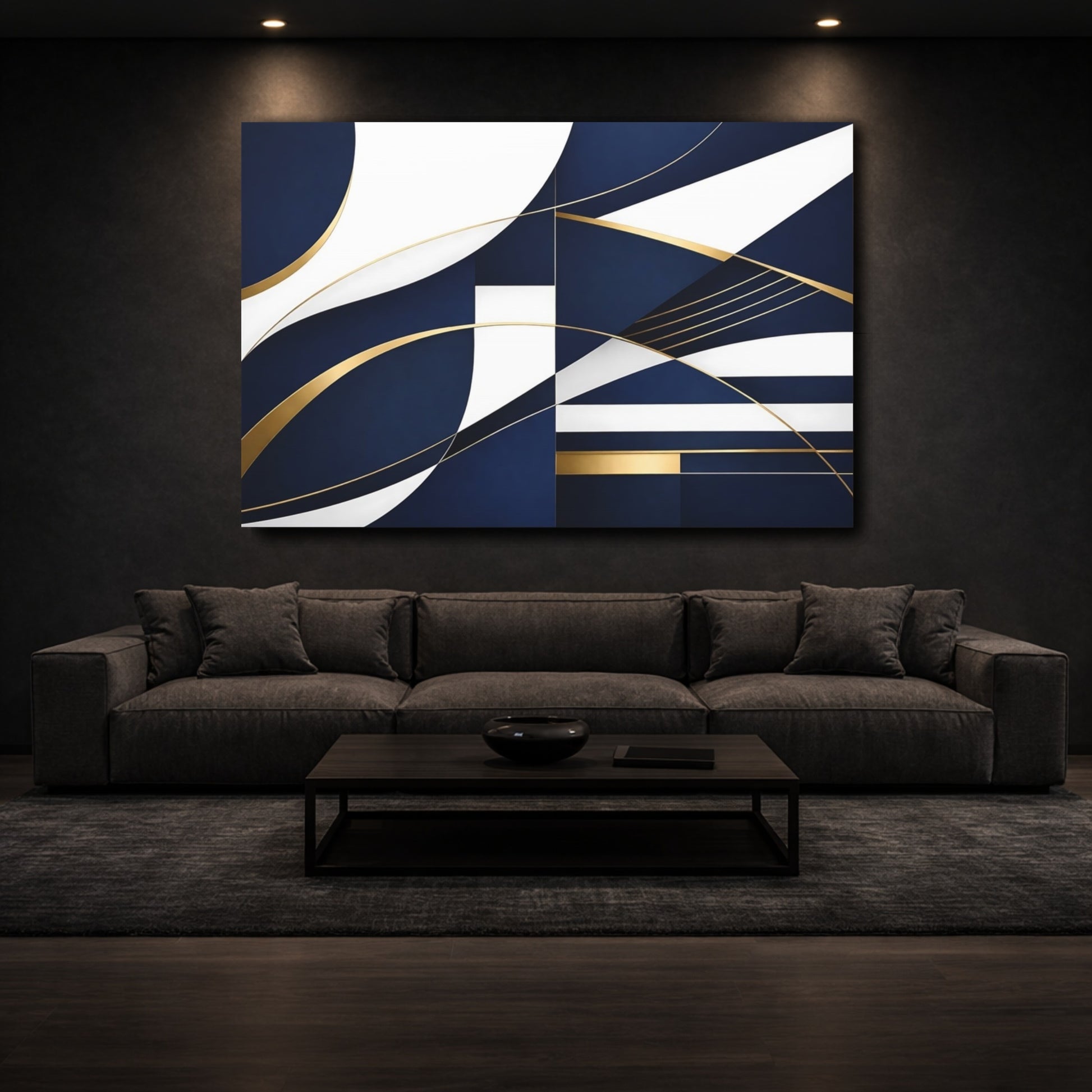 Mockup 2. Abstract Abstract Shapes Navy Blue Gold shown as stretched canvas wall art