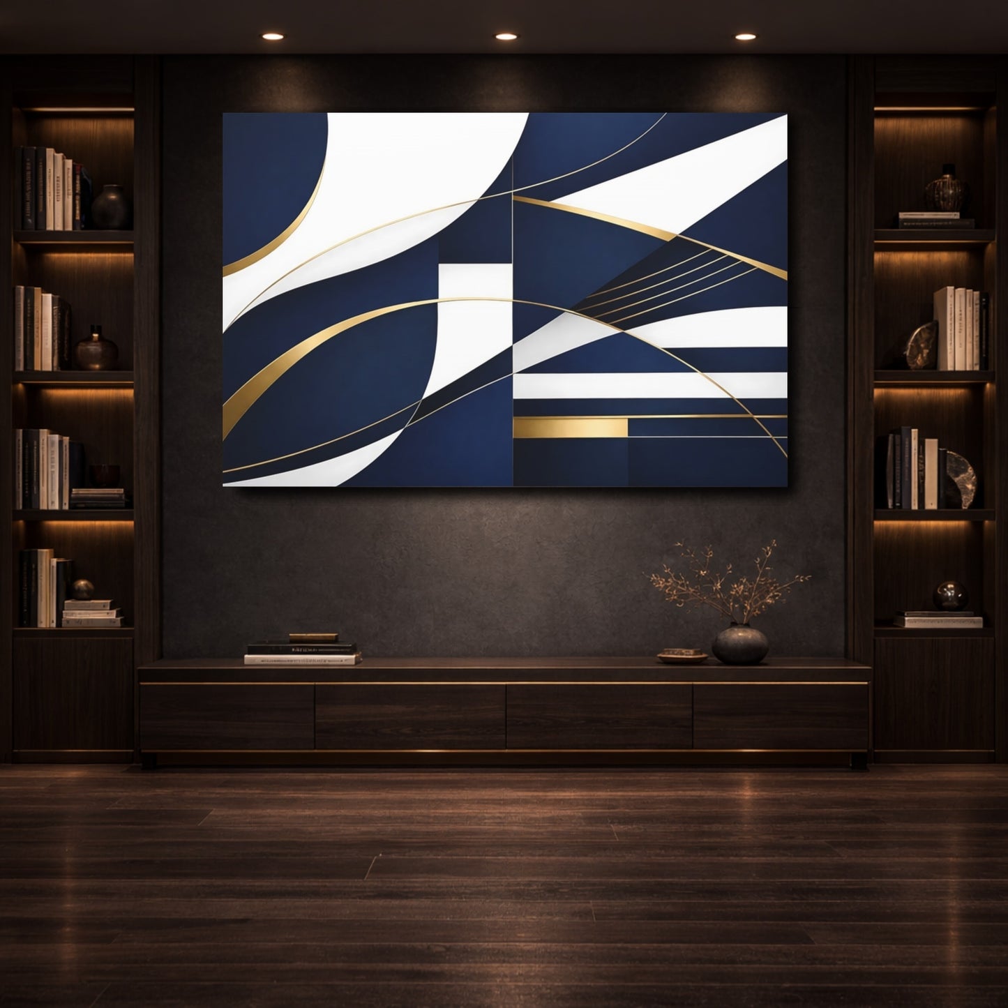 Mockup 3. Abstract Abstract Shapes Navy Blue Gold shown as stretched canvas wall art