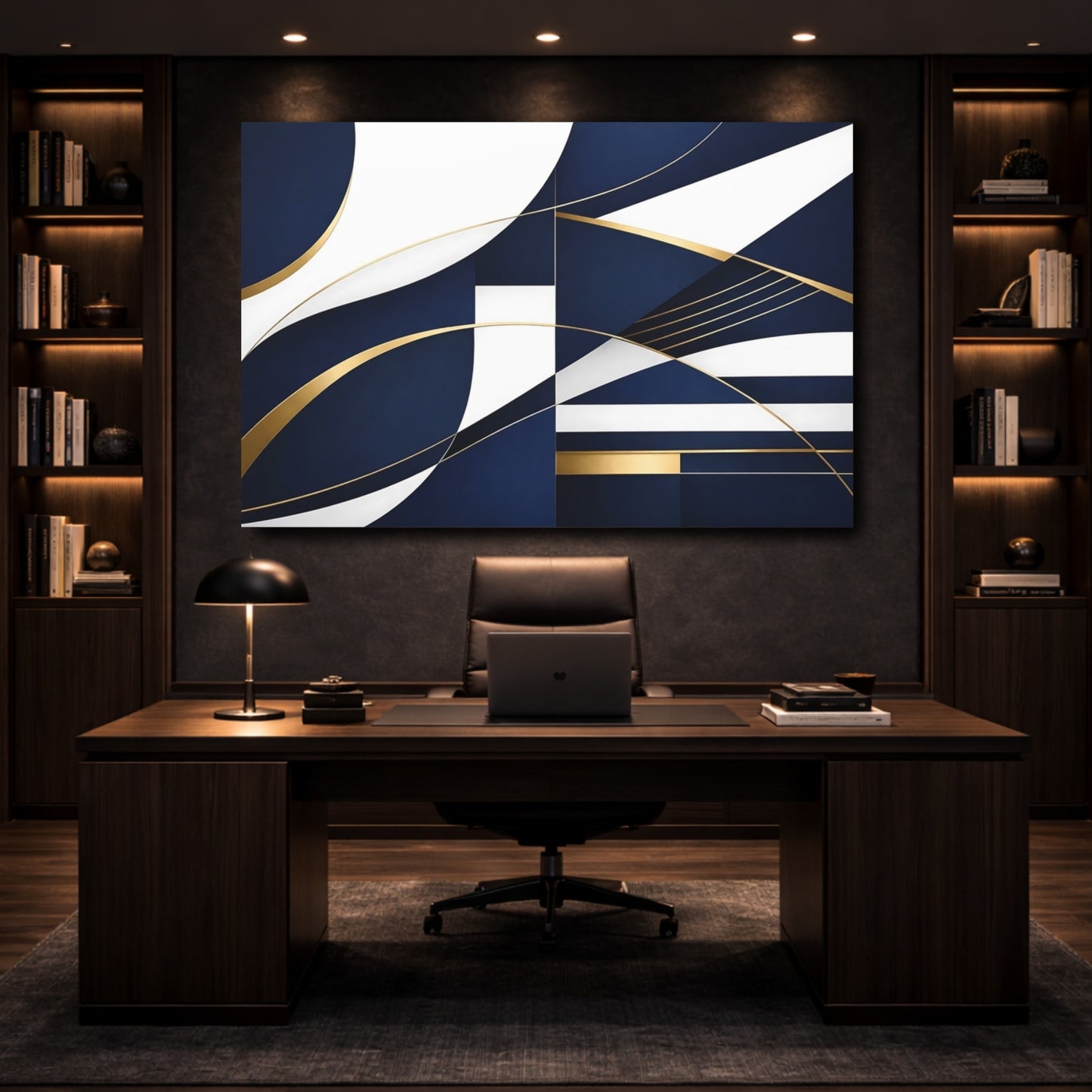 Mockup 4. Abstract Abstract Shapes Navy Blue Gold shown as stretched canvas wall art