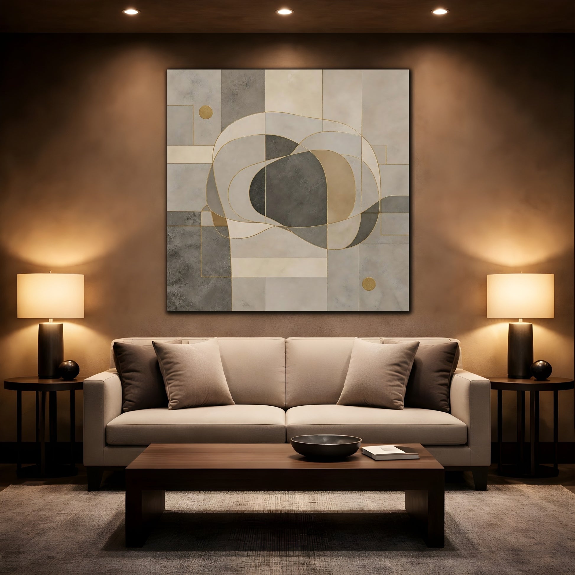 Mockup 2. Abstract Abstract Shapes Neutral Geometric shown as stretched canvas wall art