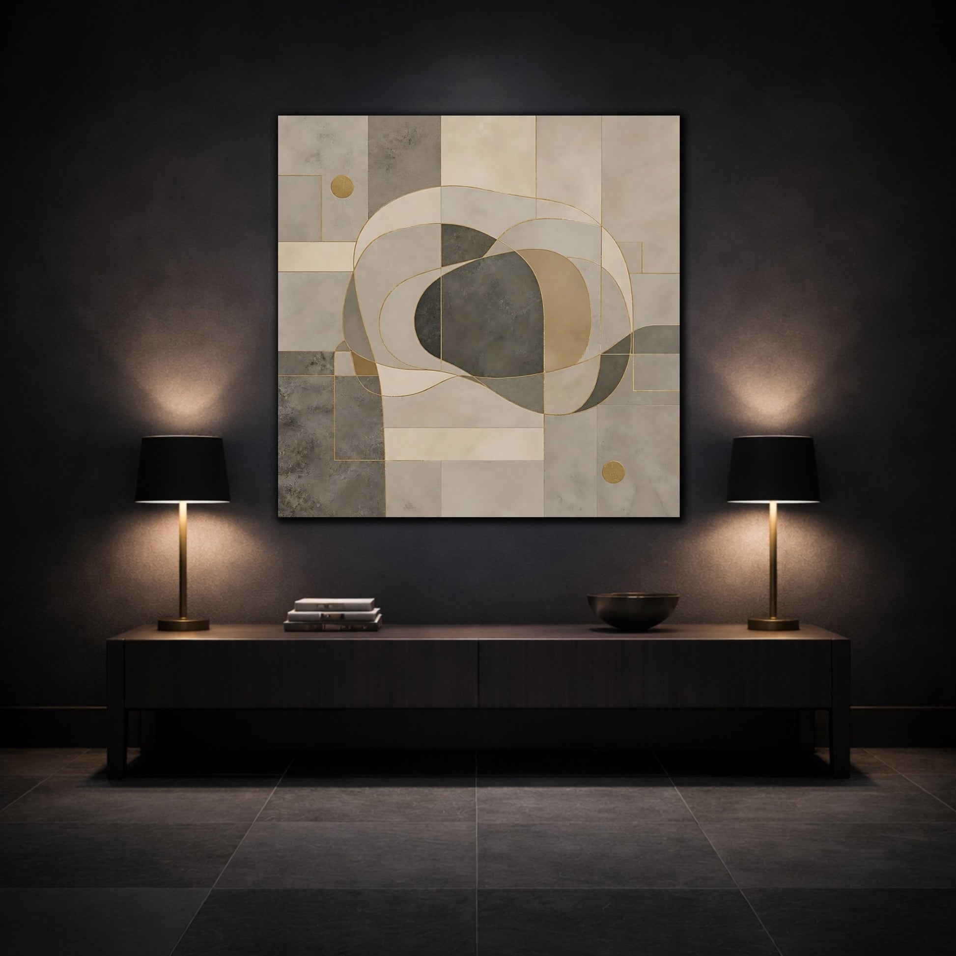 Mockup 3. Abstract Abstract Shapes Neutral Geometric shown as stretched canvas wall art
