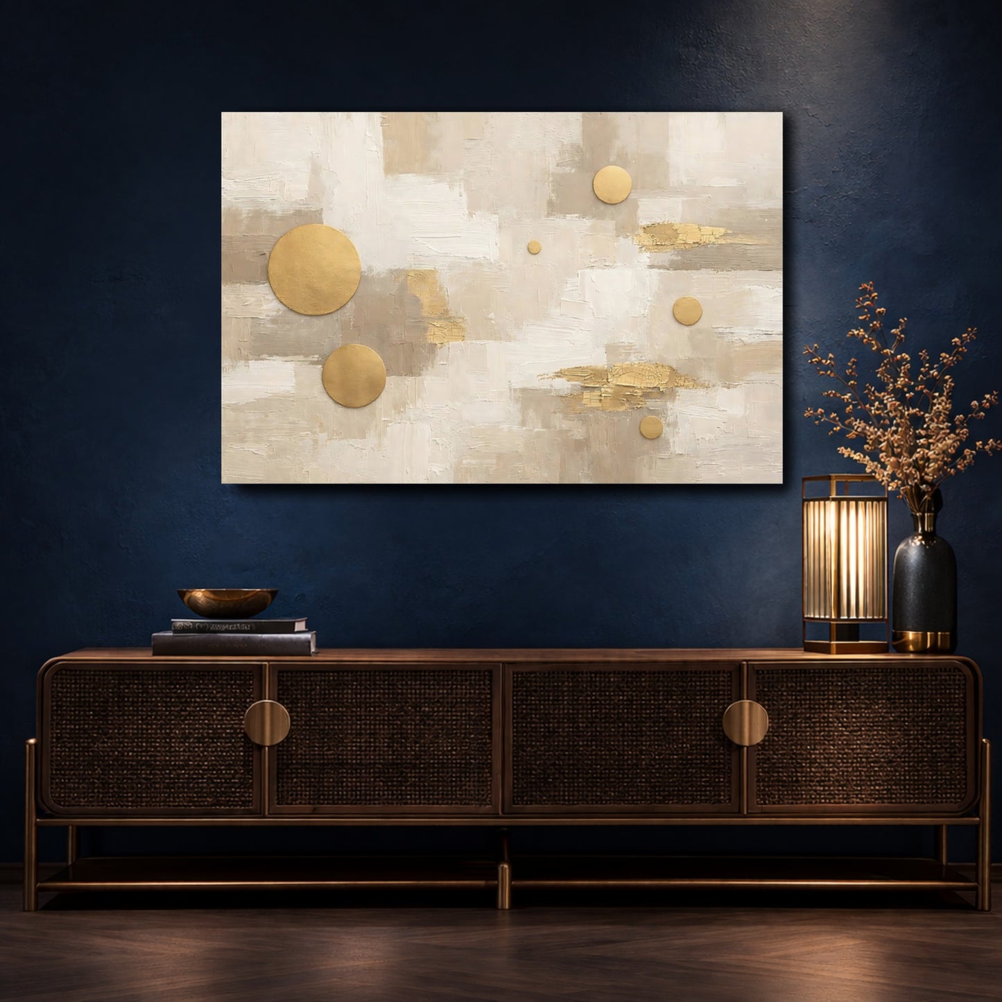 Mockup 4. Abstract Abstract Shapes Neutral Gold Abstract shown as stretched canvas wall art