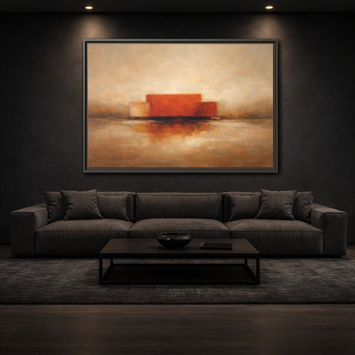 Mockup 2. Abstract Abstract Shapes Orange And Beige shown as stretched canvas wall art