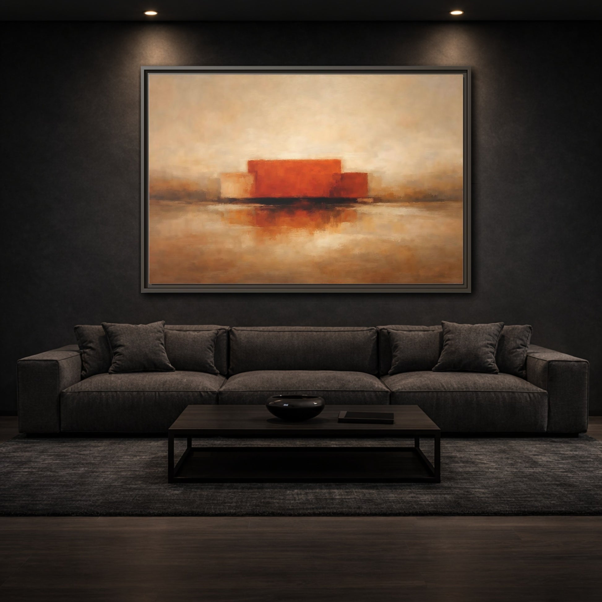 Mockup 2. Abstract Abstract Shapes Orange And Beige shown as stretched canvas wall art
