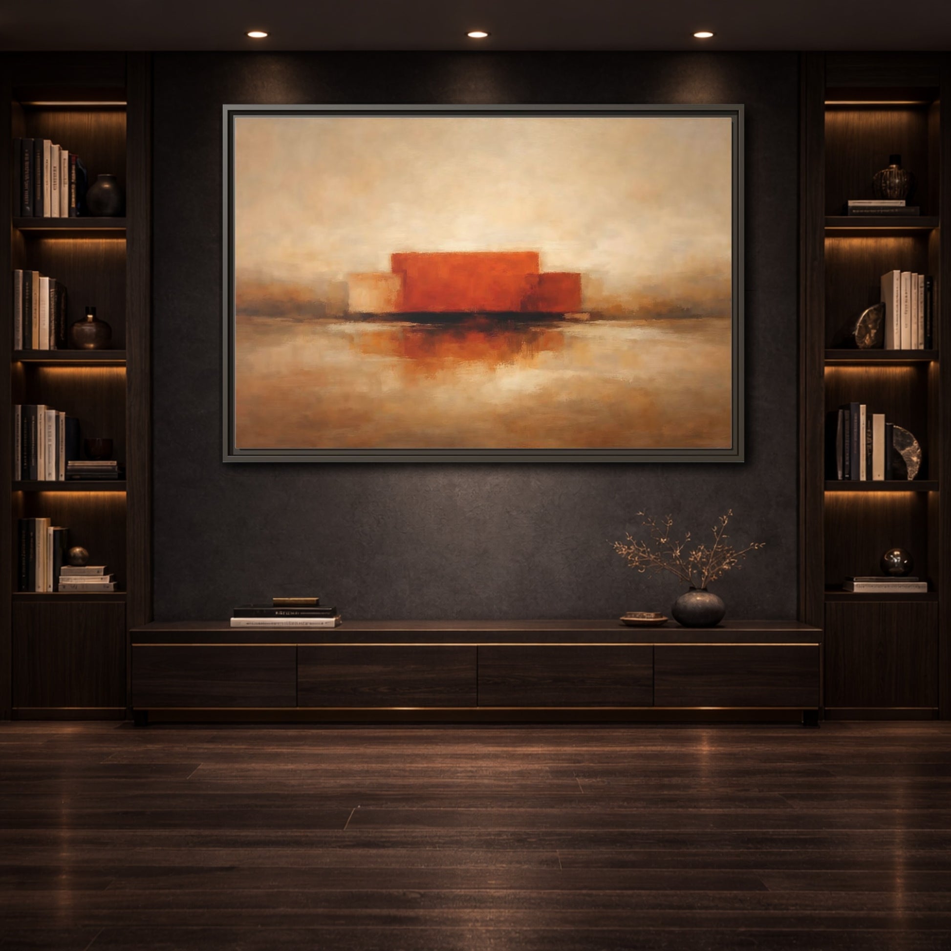 Mockup 3. Abstract Abstract Shapes Orange And Beige shown as stretched canvas wall art