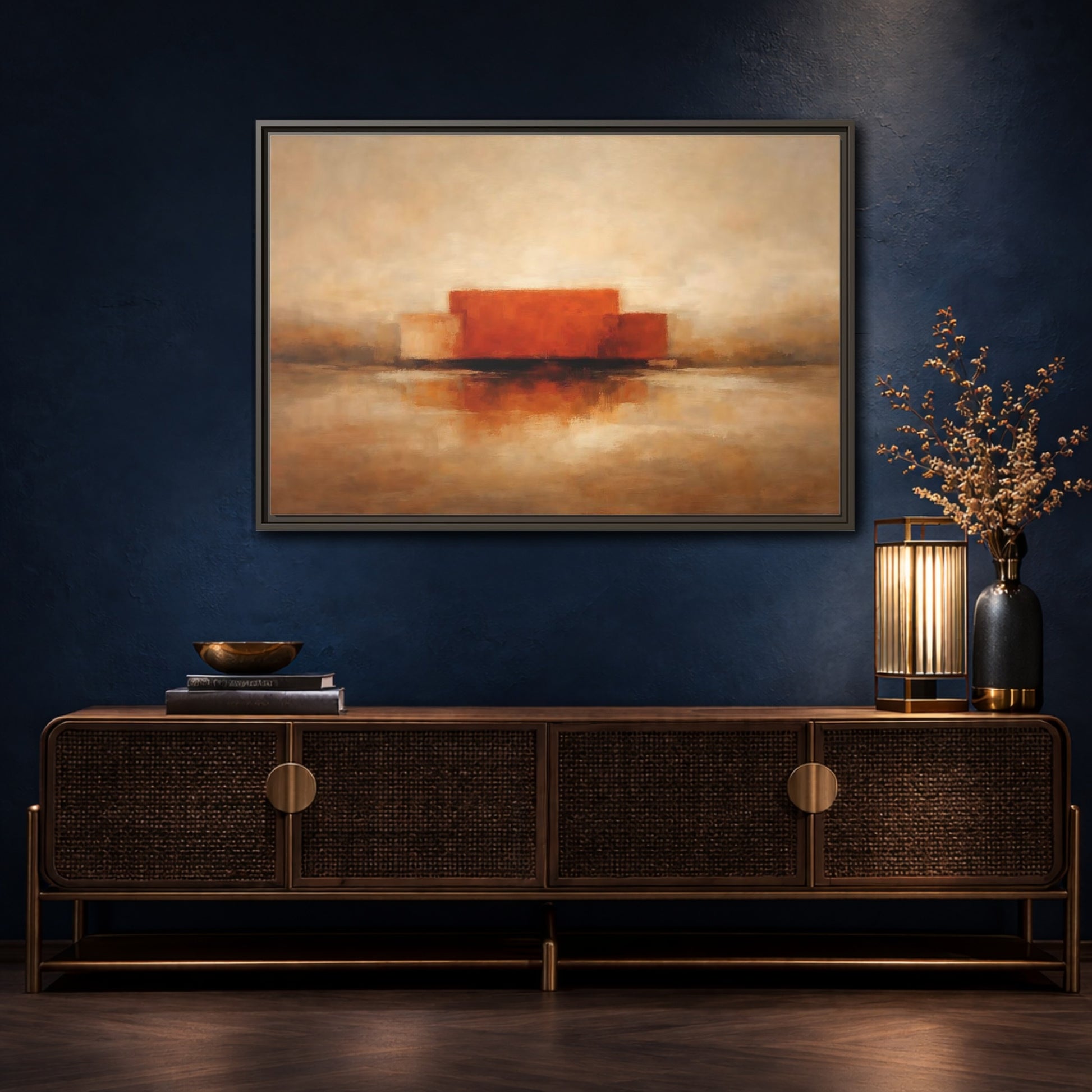 Mockup 4. Abstract Abstract Shapes Orange And Beige shown as stretched canvas wall art
