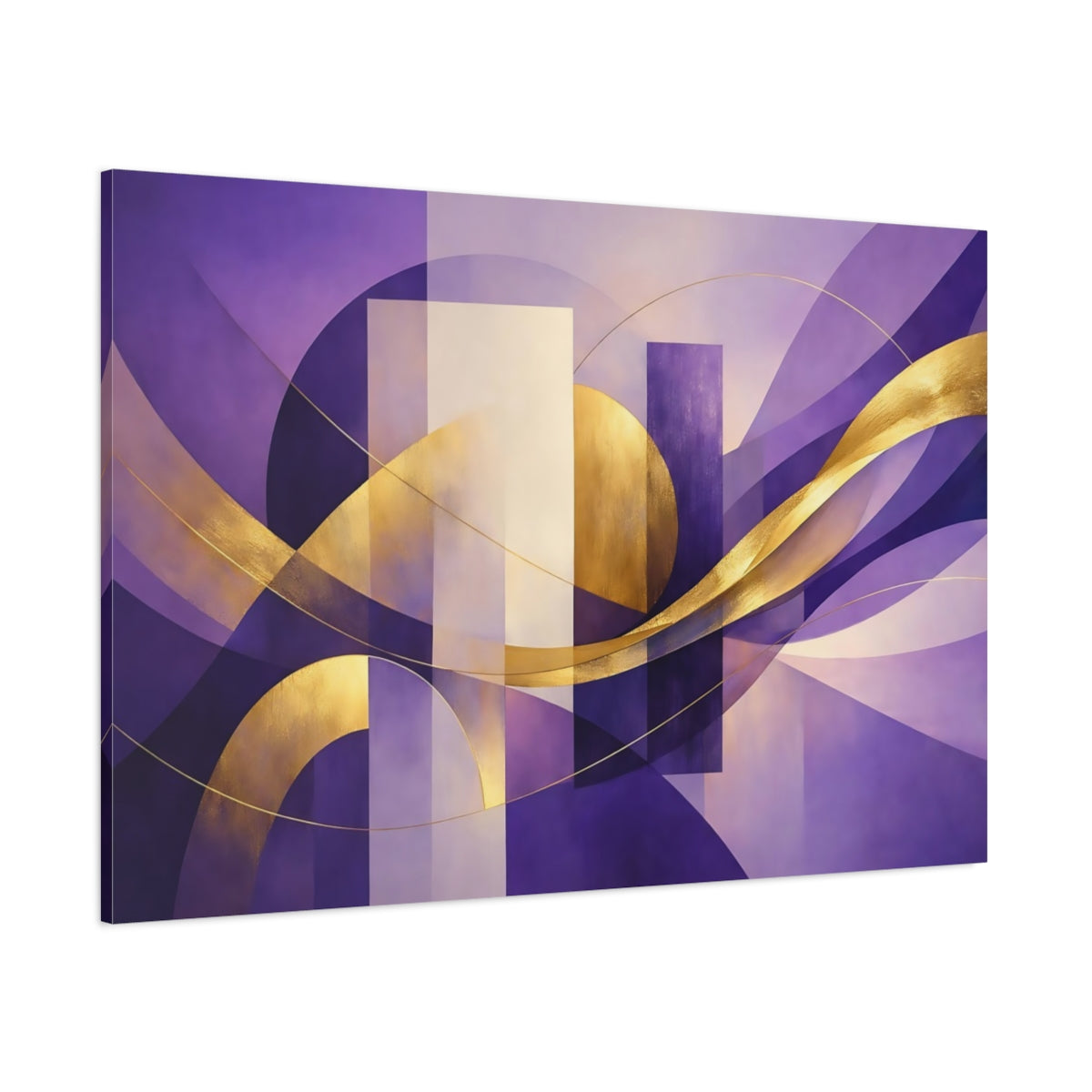 Main Mockup. Abstract Abstract Shapes Purple And Gold shown as stretched canvas wall art