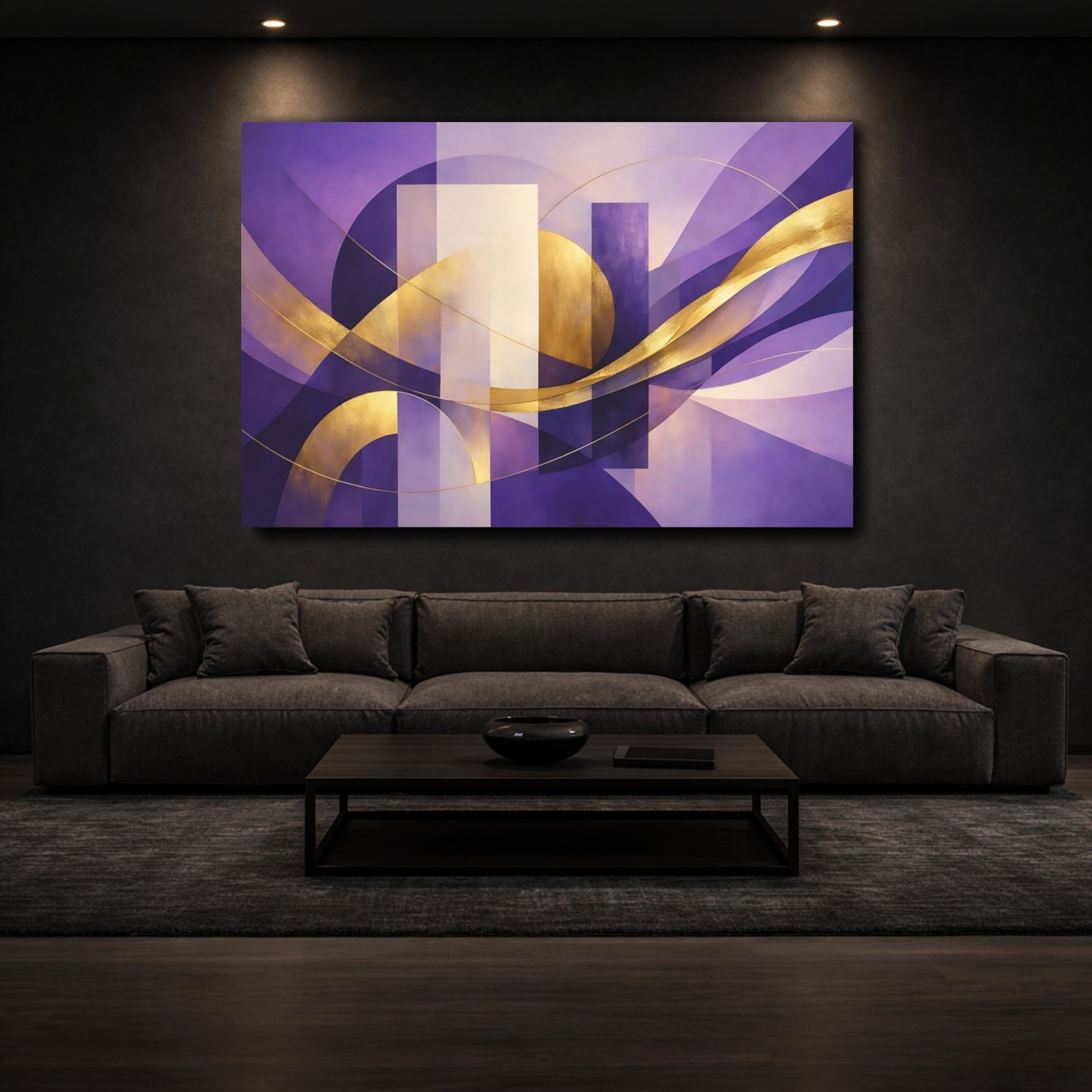Mockup 2. Abstract Abstract Shapes Purple And Gold shown as stretched canvas wall art