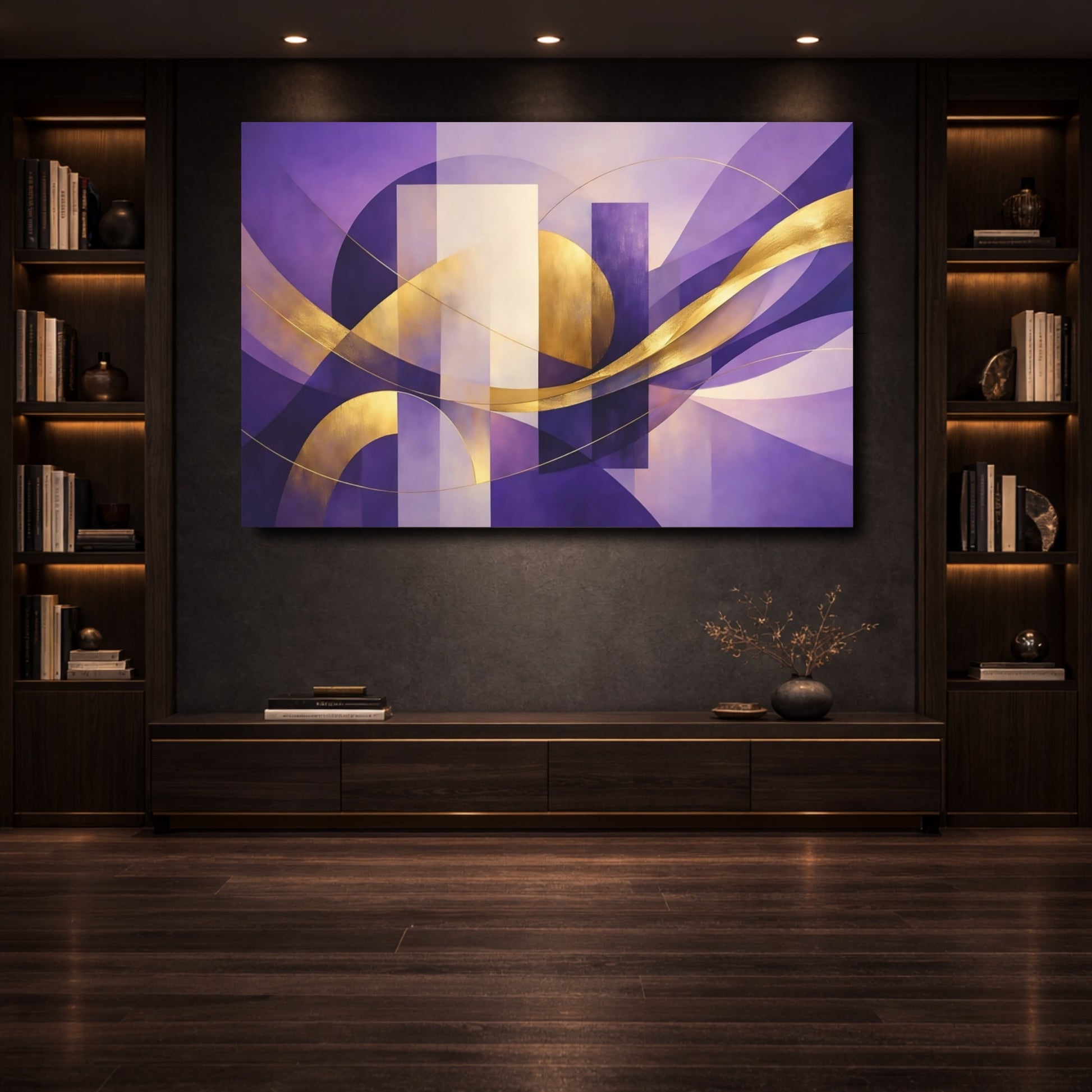 Mockup 3. Abstract Abstract Shapes Purple And Gold shown as stretched canvas wall art