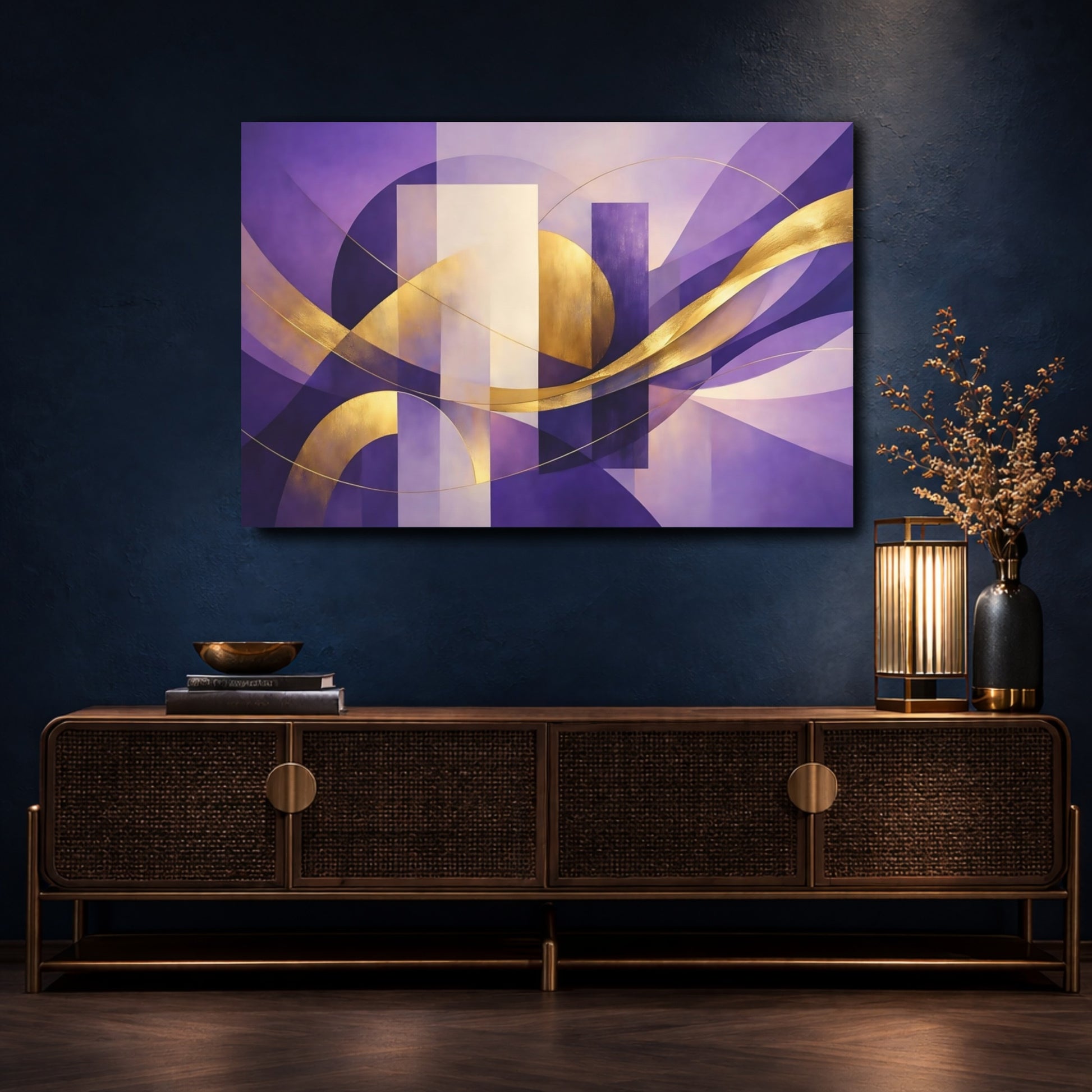 Mockup 4. Abstract Abstract Shapes Purple And Gold shown as stretched canvas wall art