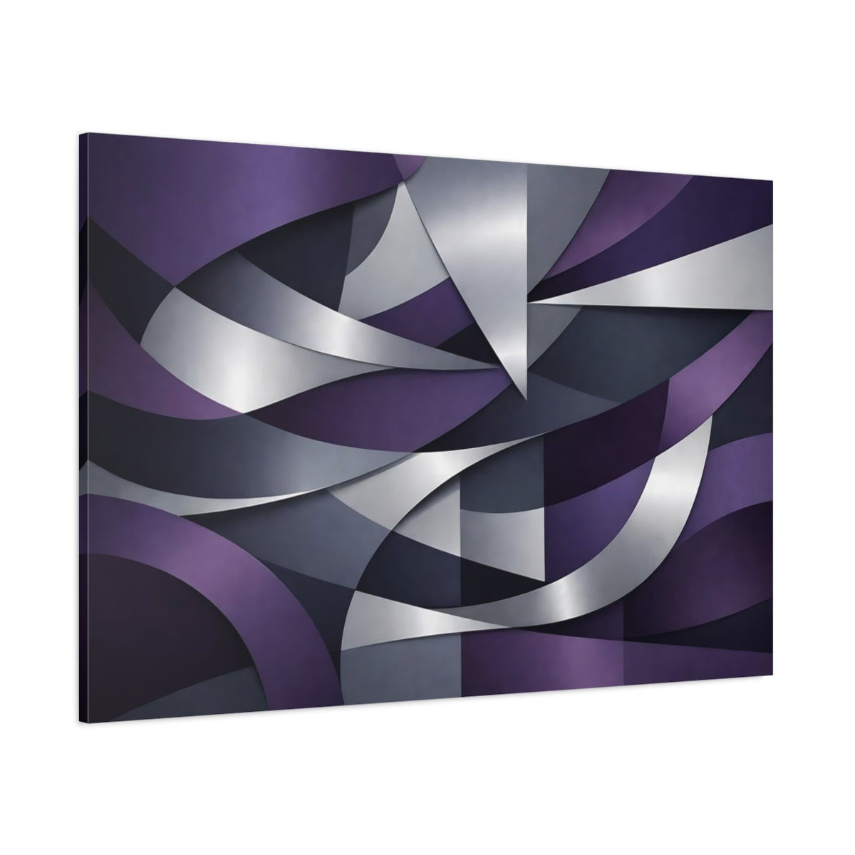 Main Mockup. Abstract Abstract Shapes Purple And Silver Abstract shown as stretched canvas wall art