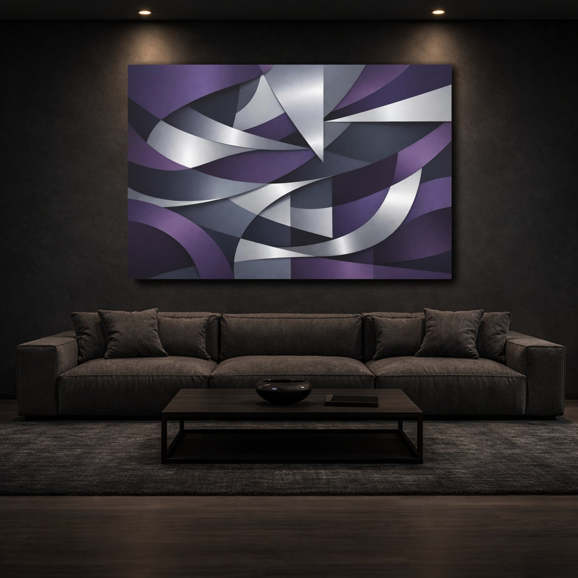 Mockup 2. Abstract Abstract Shapes Purple And Silver Abstract shown as stretched canvas wall art