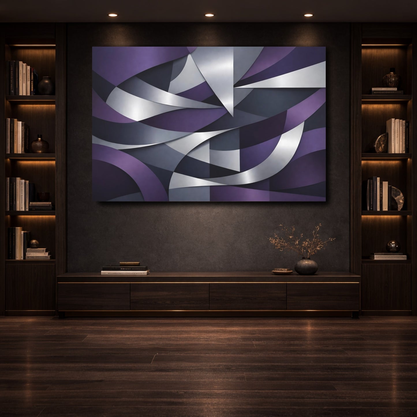 Mockup 3. Abstract Abstract Shapes Purple And Silver Abstract shown as stretched canvas wall art