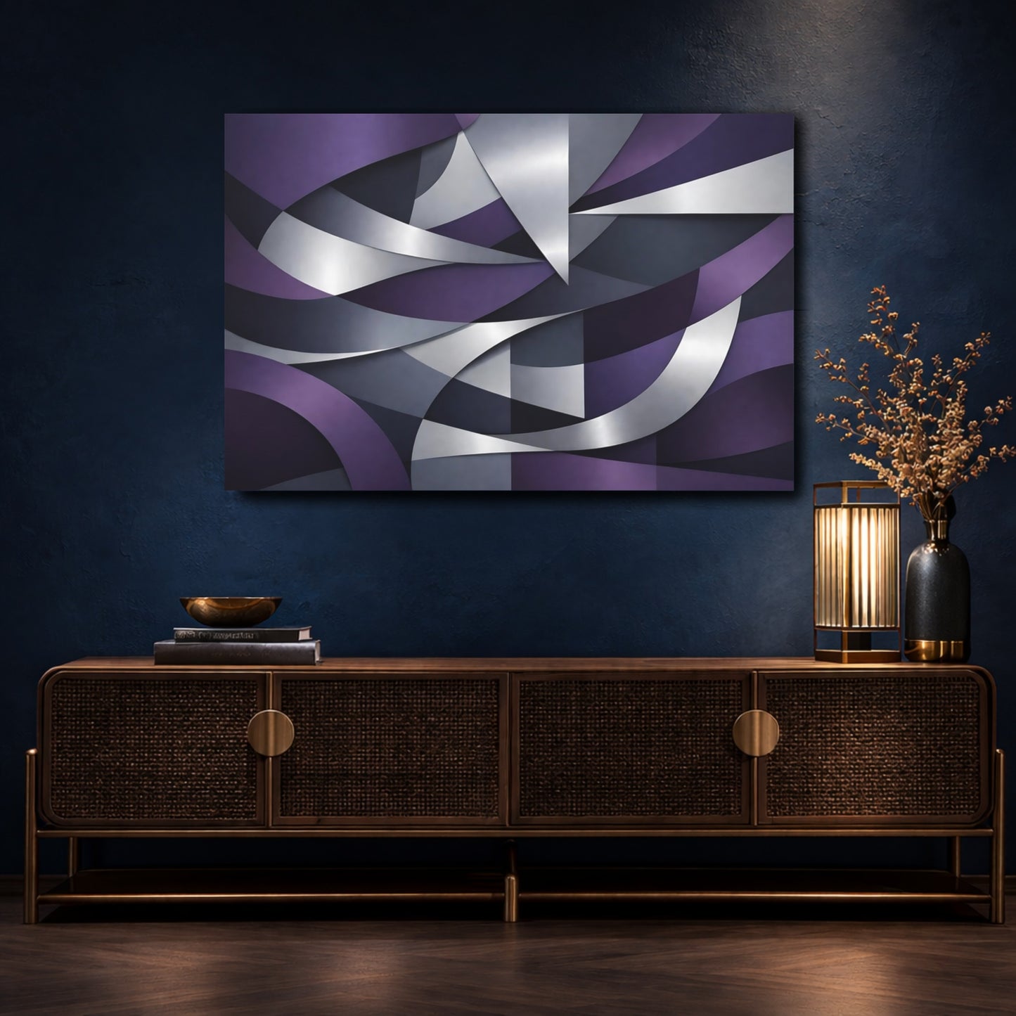 Mockup 4. Abstract Abstract Shapes Purple And Silver Abstract shown as stretched canvas wall art