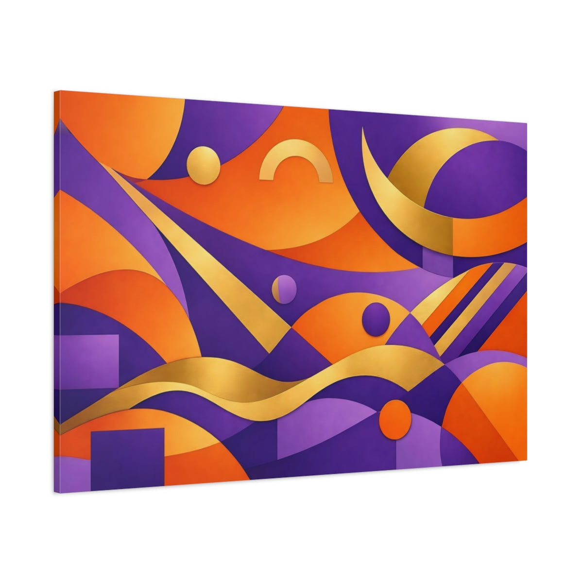Main Mockup. Abstract Abstract Shapes Purple Orange Gold shown as stretched canvas wall art