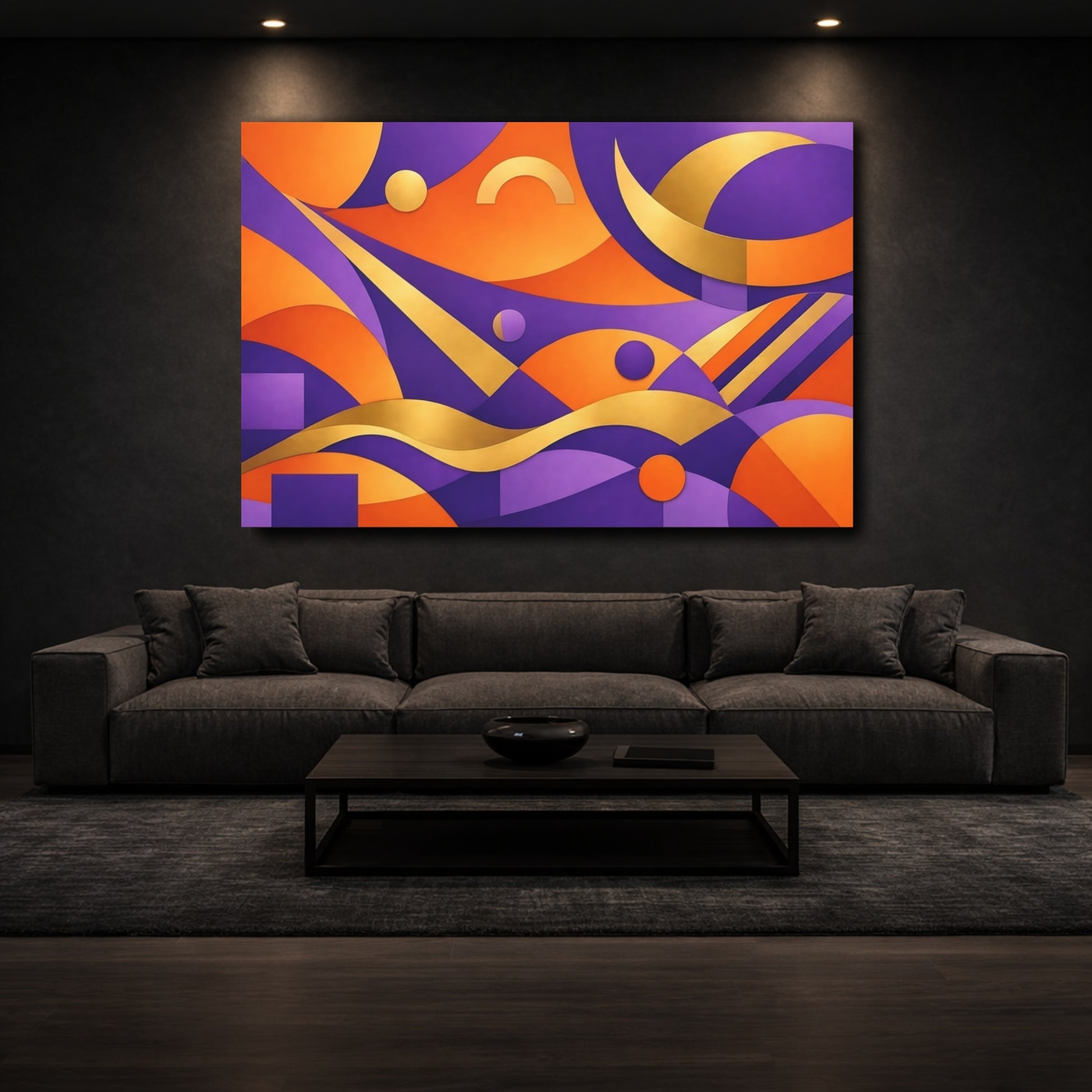 Mockup 2. Abstract Abstract Shapes Purple Orange Gold shown as stretched canvas wall art