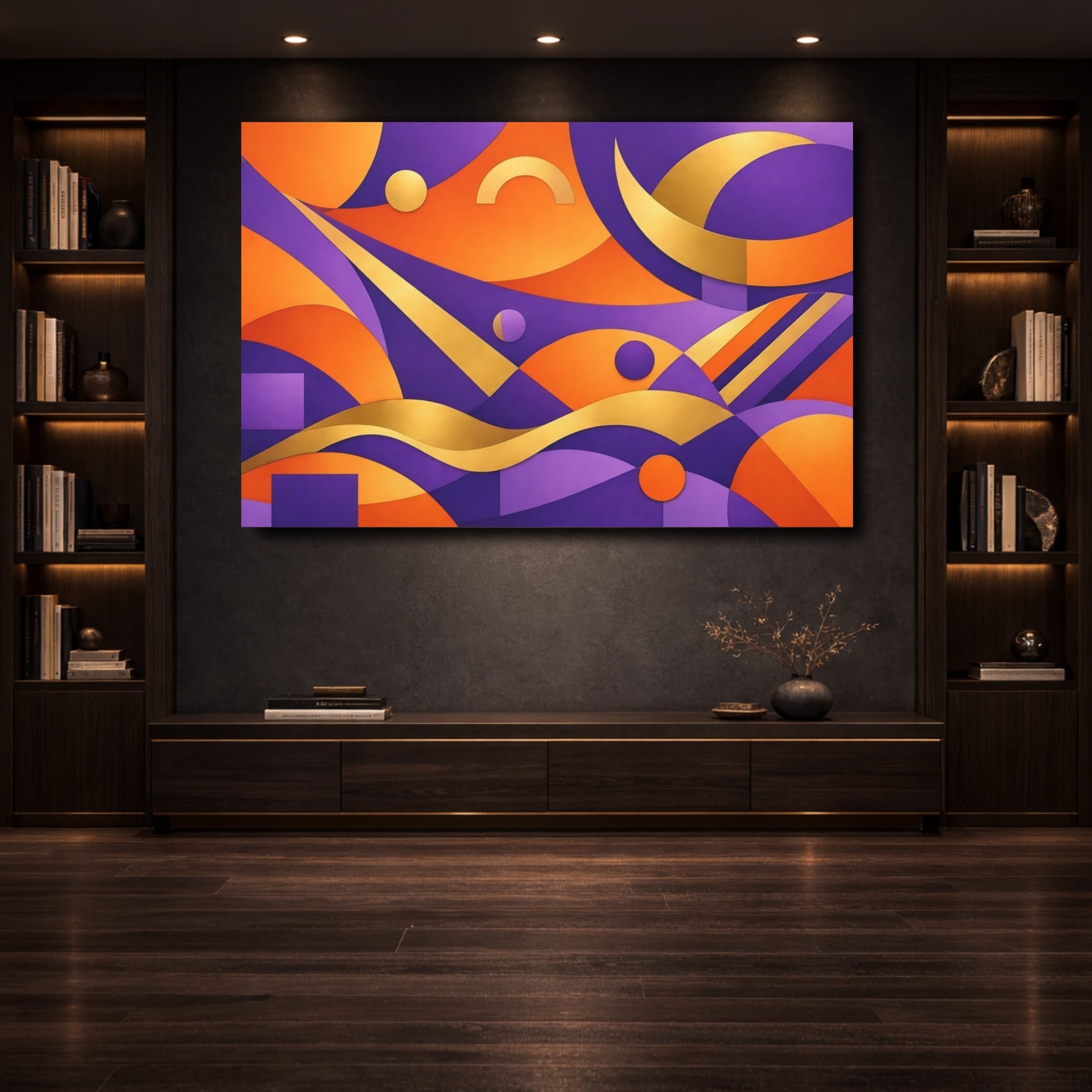 Mockup 3. Abstract Abstract Shapes Purple Orange Gold shown as stretched canvas wall art
