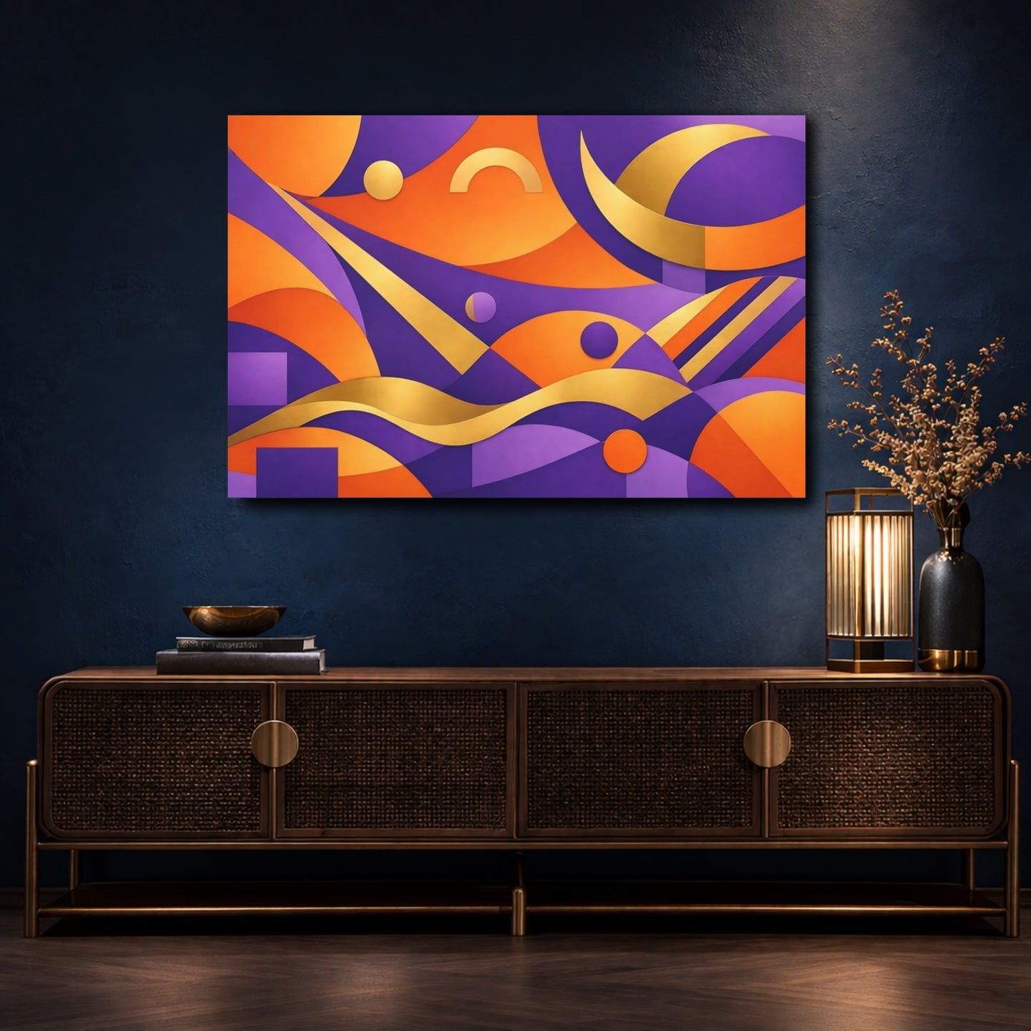 Mockup 4. Abstract Abstract Shapes Purple Orange Gold shown as stretched canvas wall art