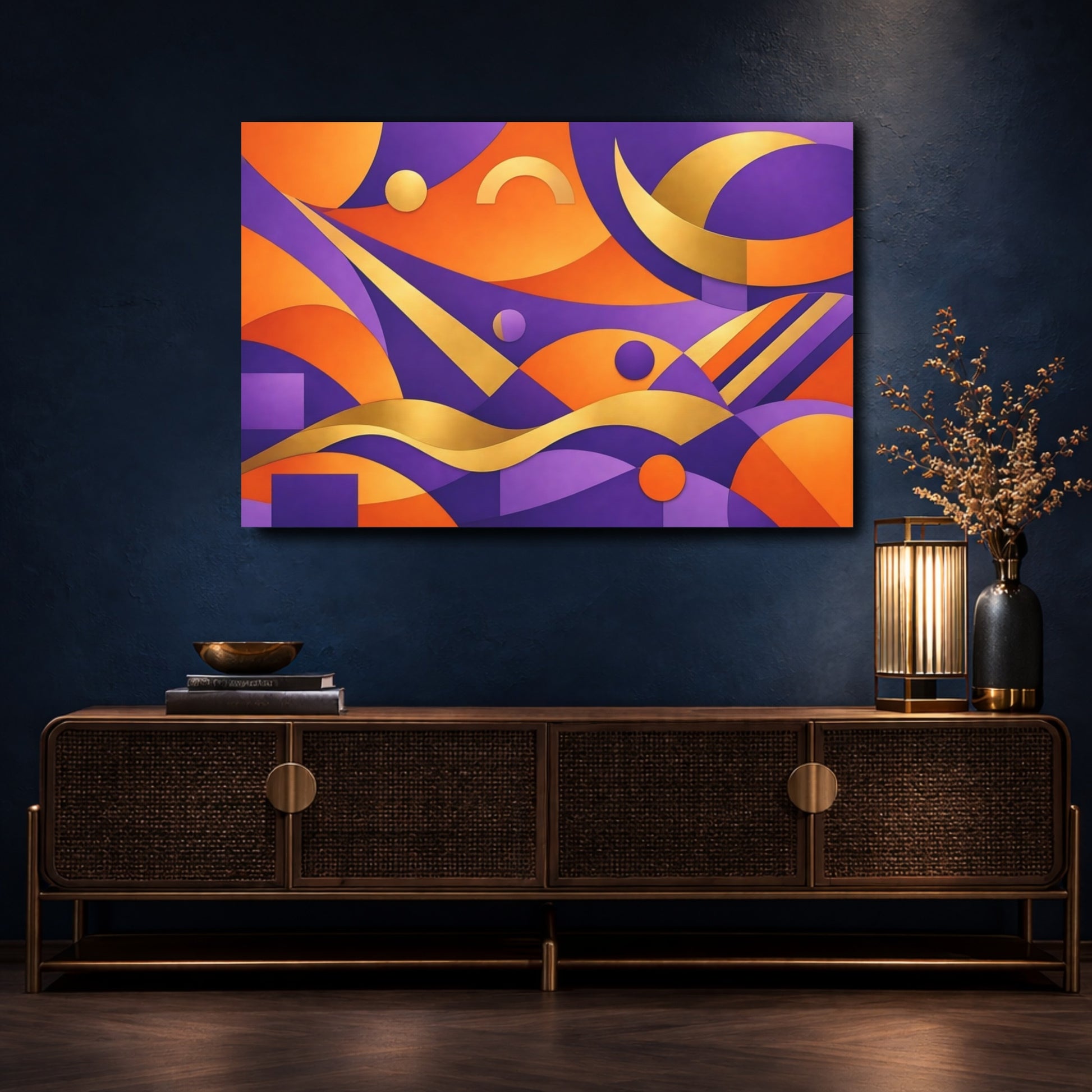 Mockup 4. Abstract Abstract Shapes Purple Orange Gold shown as stretched canvas wall art