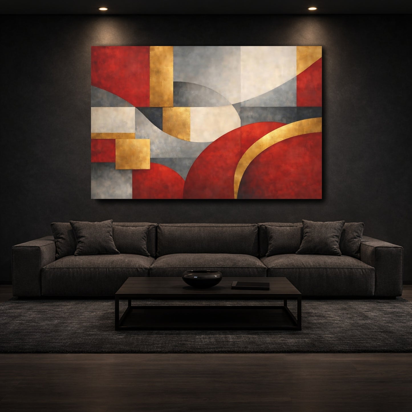 Mockup 2. Abstract Abstract Shapes Red Gold Abstract shown as stretched canvas wall art