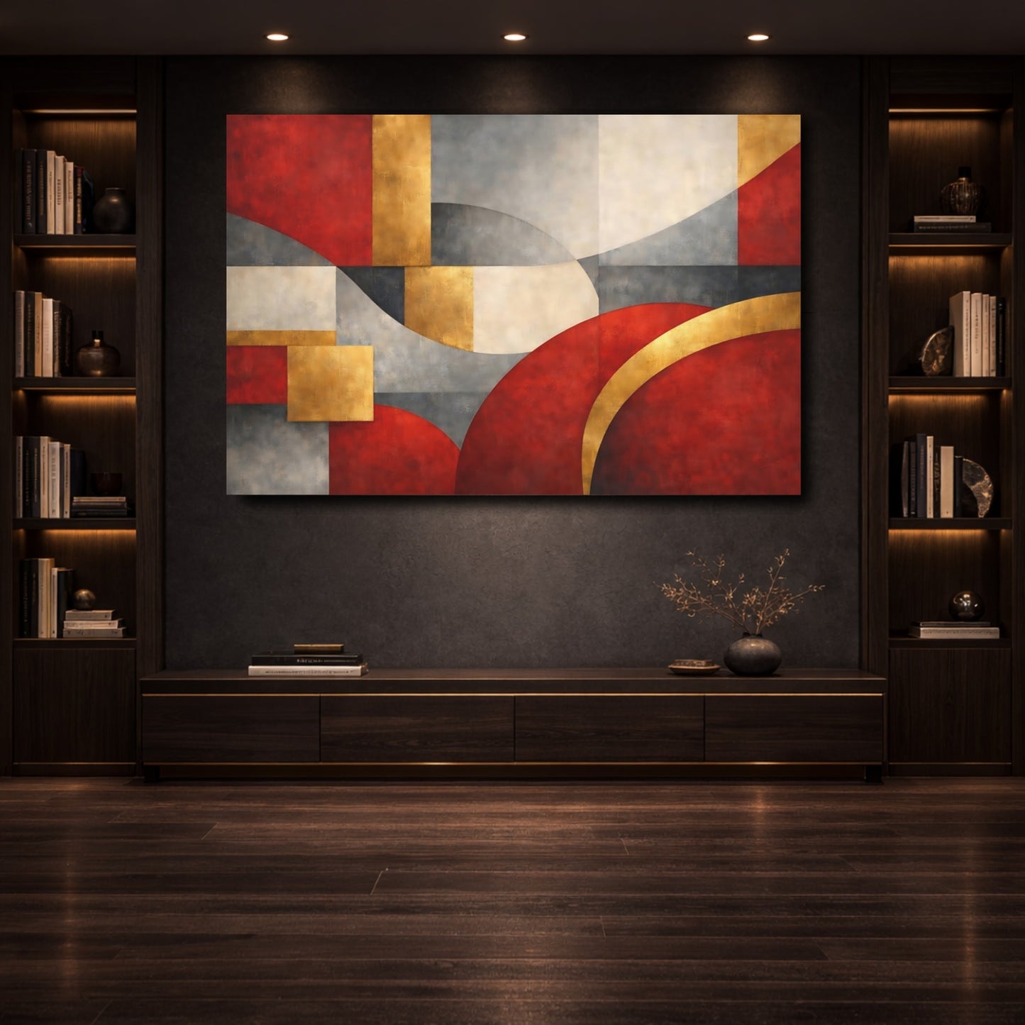 Mockup 3. Abstract Abstract Shapes Red Gold Abstract shown as stretched canvas wall art