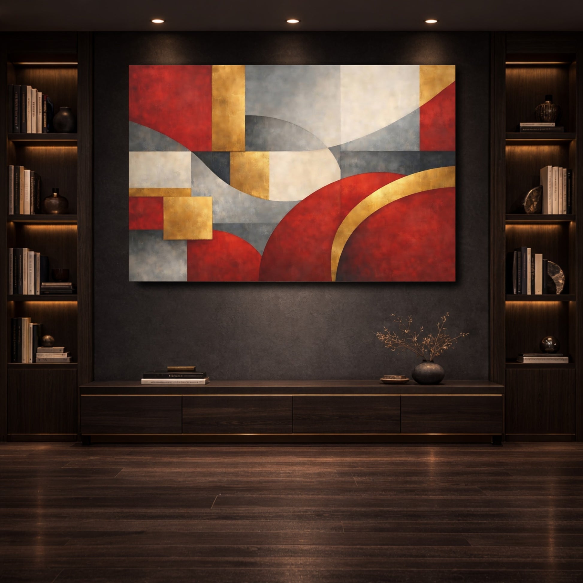 Mockup 3. Abstract Abstract Shapes Red Gold Abstract shown as stretched canvas wall art