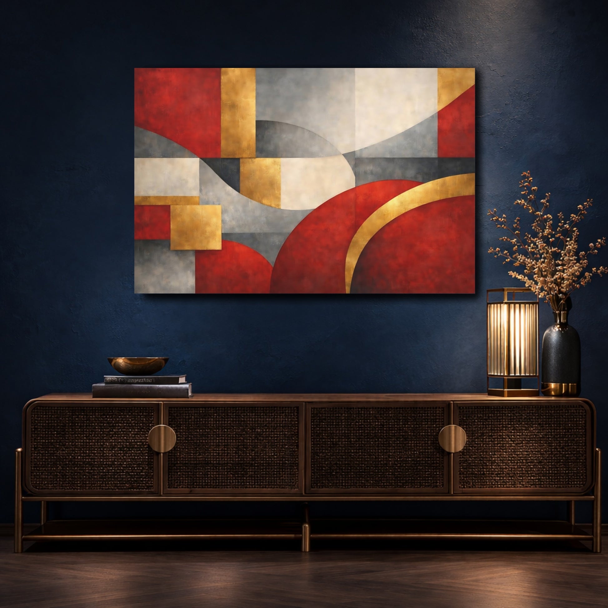 Mockup 4. Abstract Abstract Shapes Red Gold Abstract shown as stretched canvas wall art