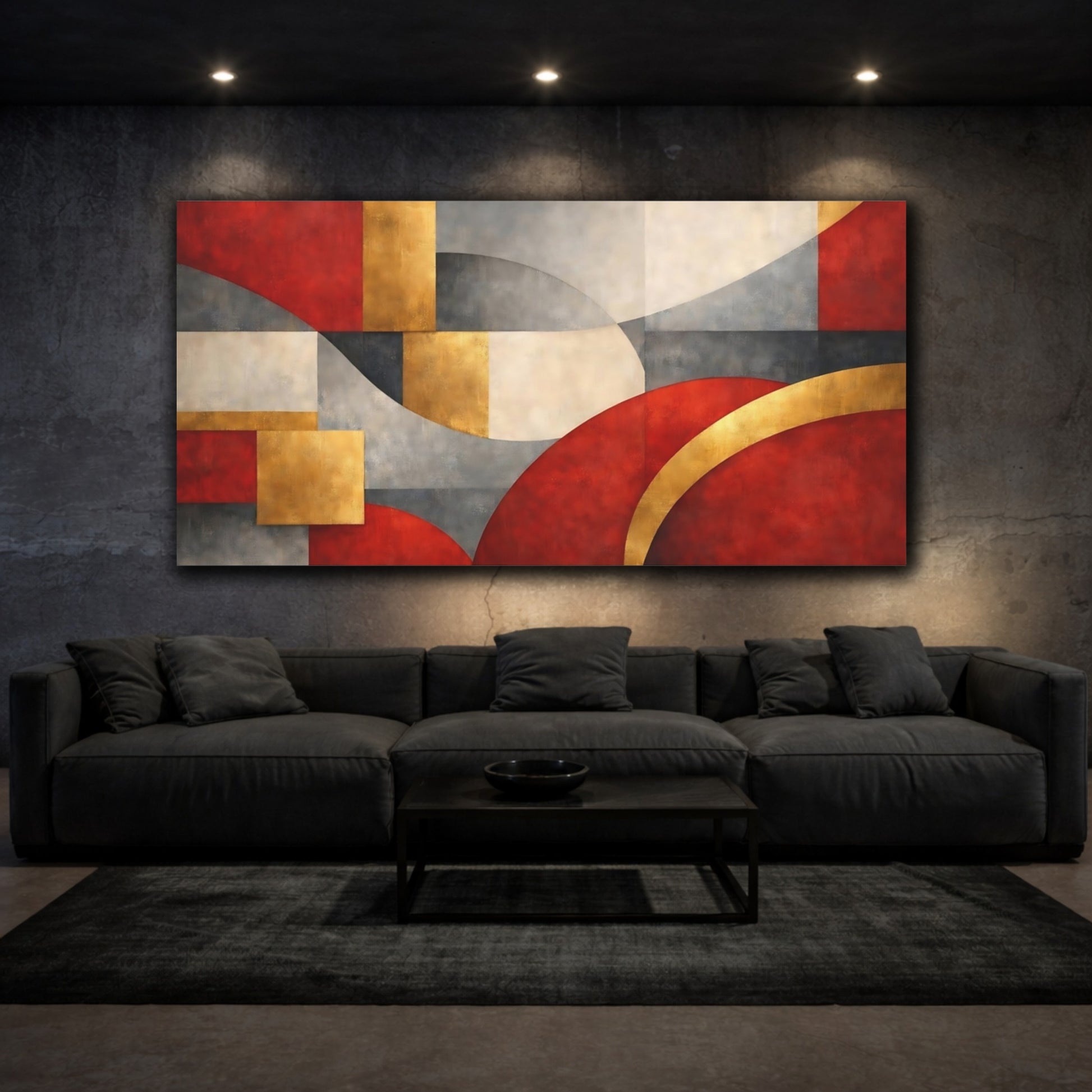 Mockup 2. Abstract Abstract Shapes Red, Gold, Grey shown as stretched canvas wall art