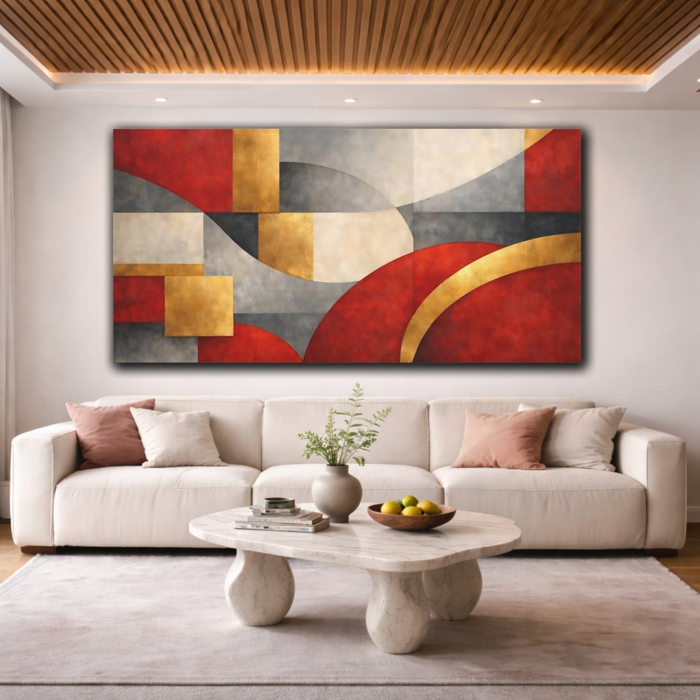 Mockup 3. Abstract Abstract Shapes Red, Gold, Grey shown as stretched canvas wall art