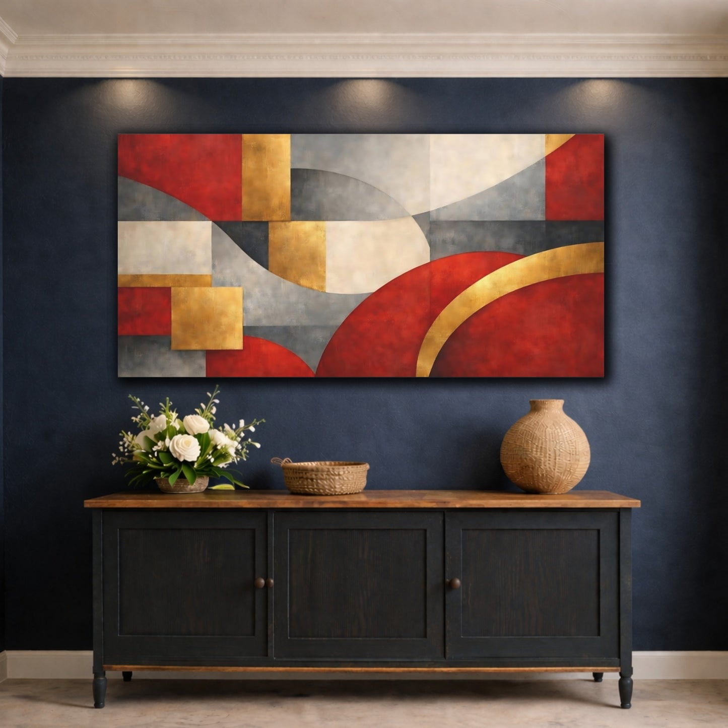 Mockup 4. Abstract Abstract Shapes Red, Gold, Grey shown as stretched canvas wall art